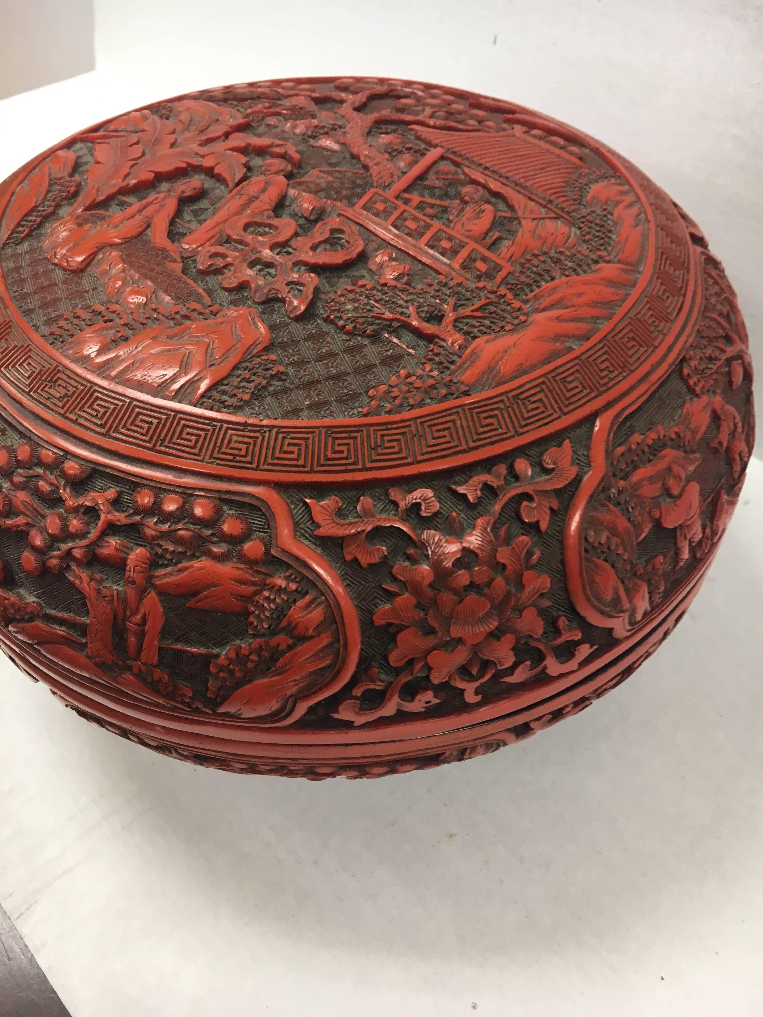 Cinnabar Carved Asian Lidded Round Box In Excellent Condition In West Hartford, CT