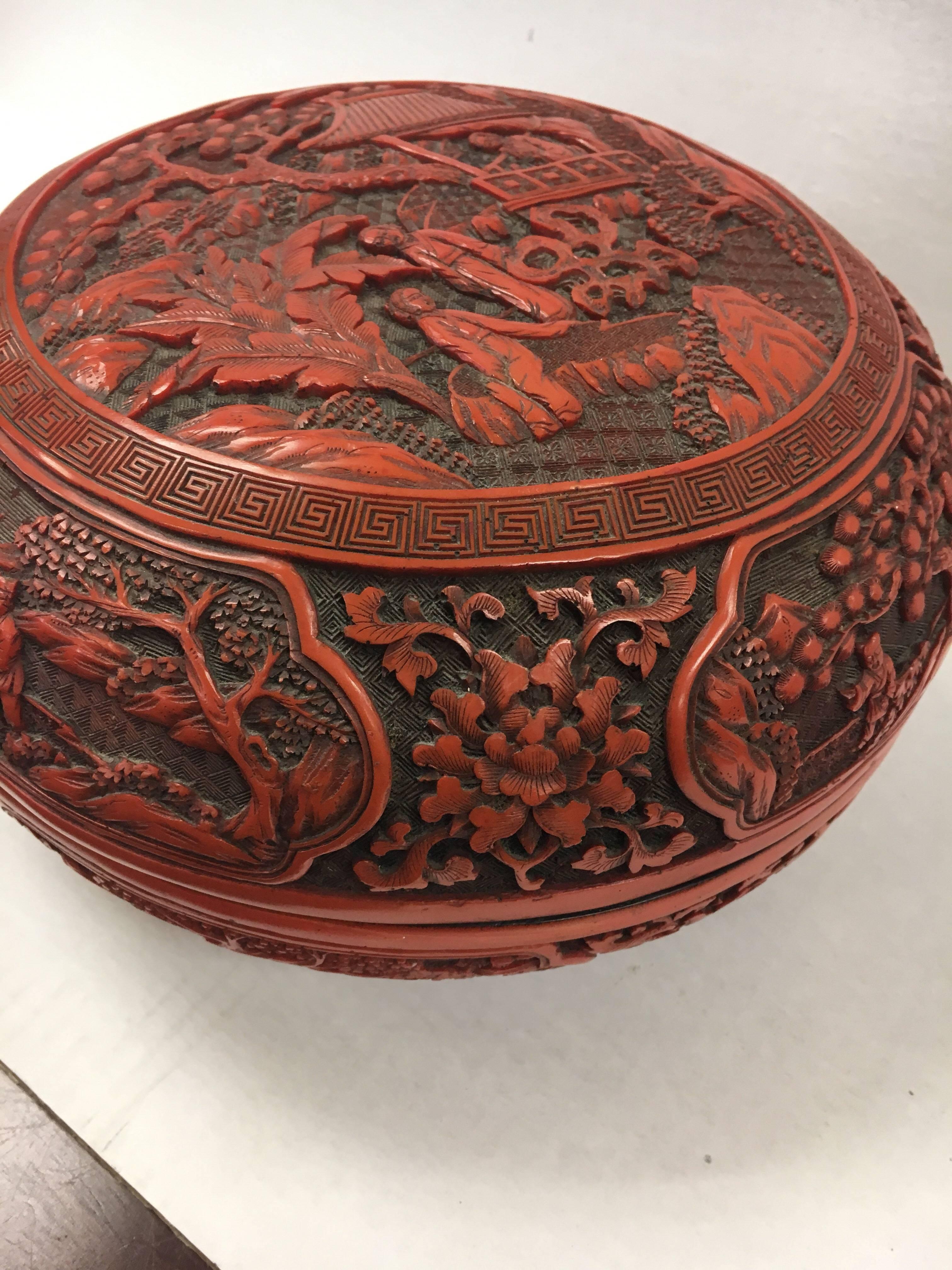 Mid-20th Century Cinnabar Carved Asian Lidded Round Box