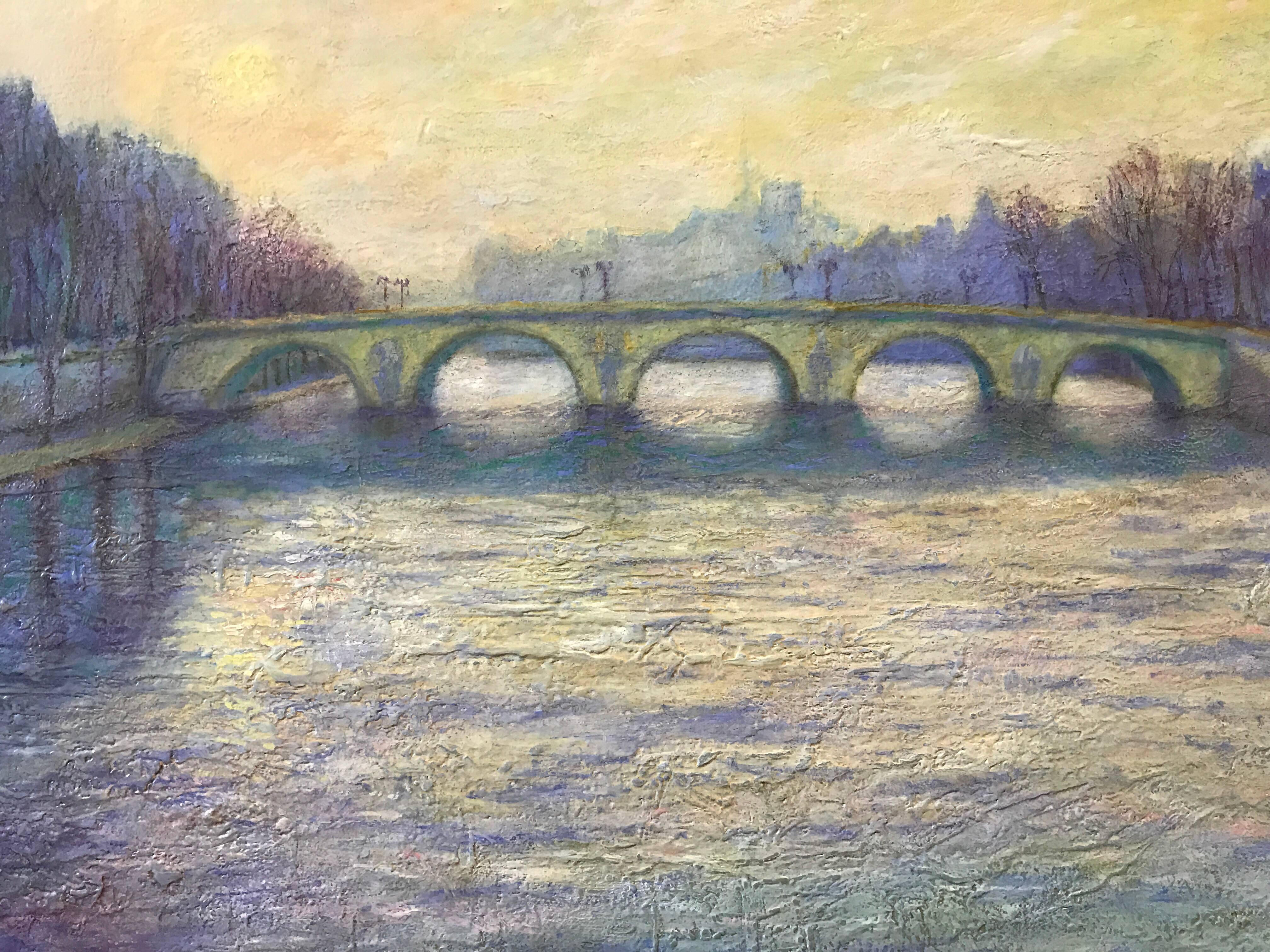 Stunning original oil on linen painting of Le Pont Paris by acclaimed American artist Jeffrey Leitz, Connecticut. Features 23-karat gold leaf closed-corner frame by Boston, MA frame maker, Guido Studios. Unframed dimensions are 28.5 inches by 24