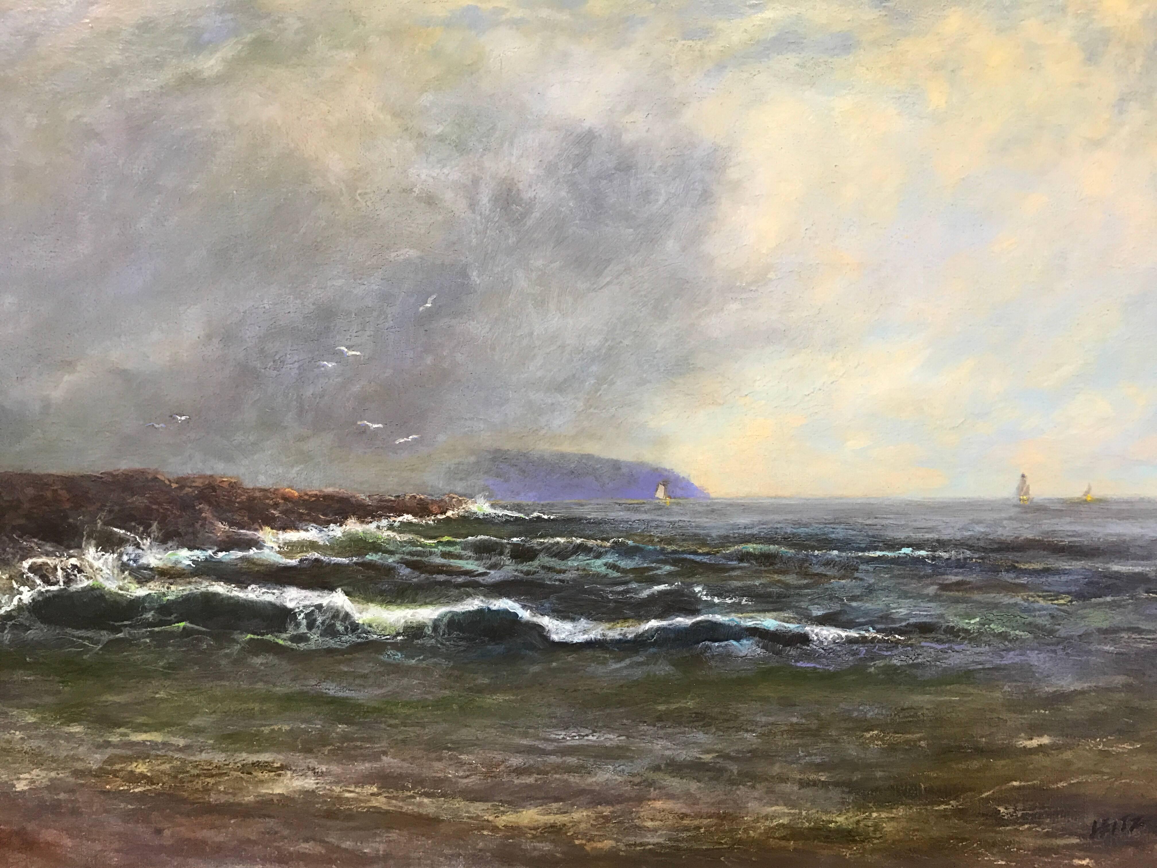 Stunning original oil on linen painting of Charles Island Squall seascape. Signed by acclaimed American artist Jeffrey Leitz, Connecticut. Features 22-karat gold leaf closed-corner frame by Boston, MA frame maker, Guido Studios. Unframed dimensions
