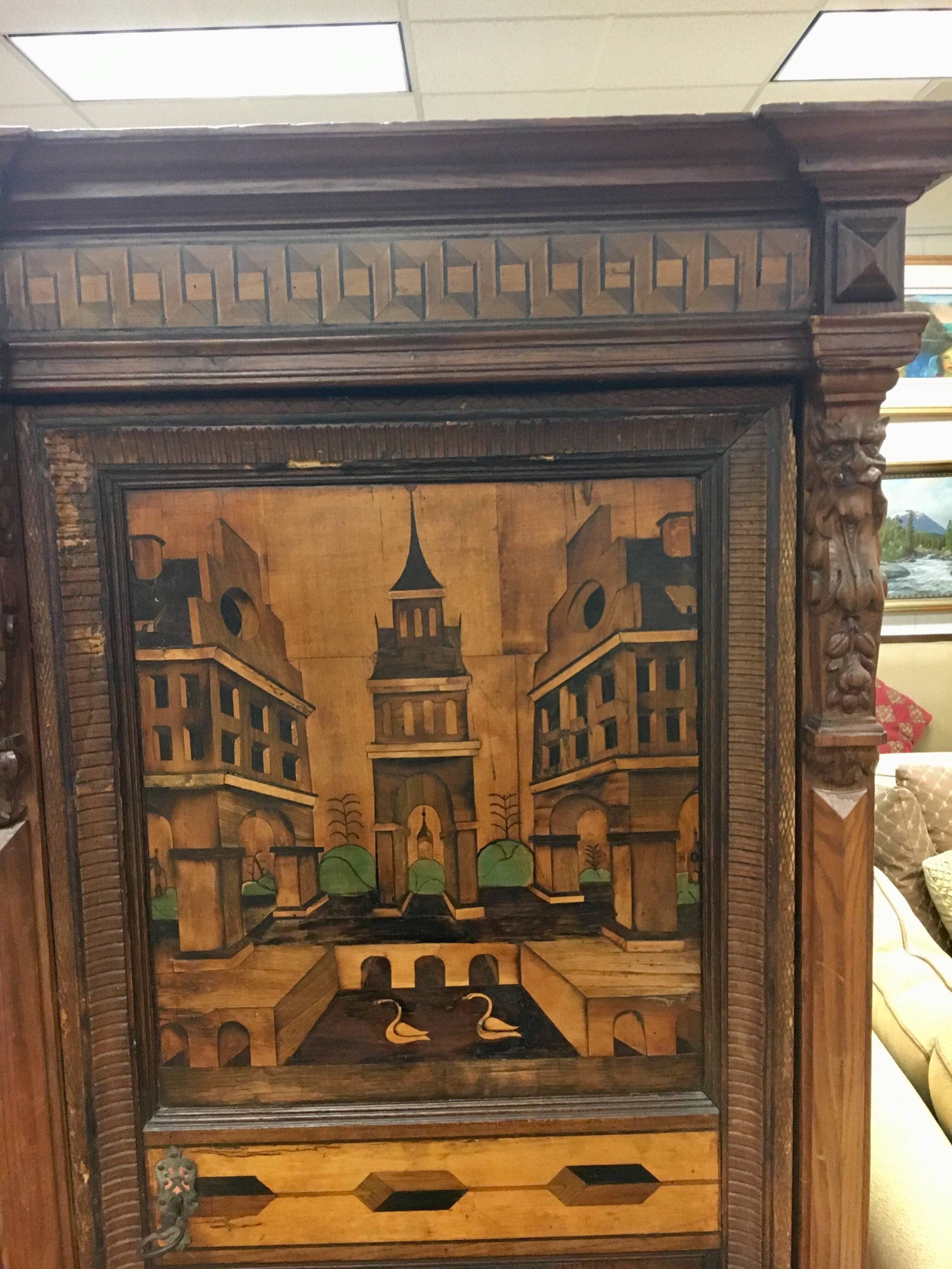 Antique Austrian Architectural, 18th Century Marquetry Armoire Cabinet In Good Condition In West Hartford, CT