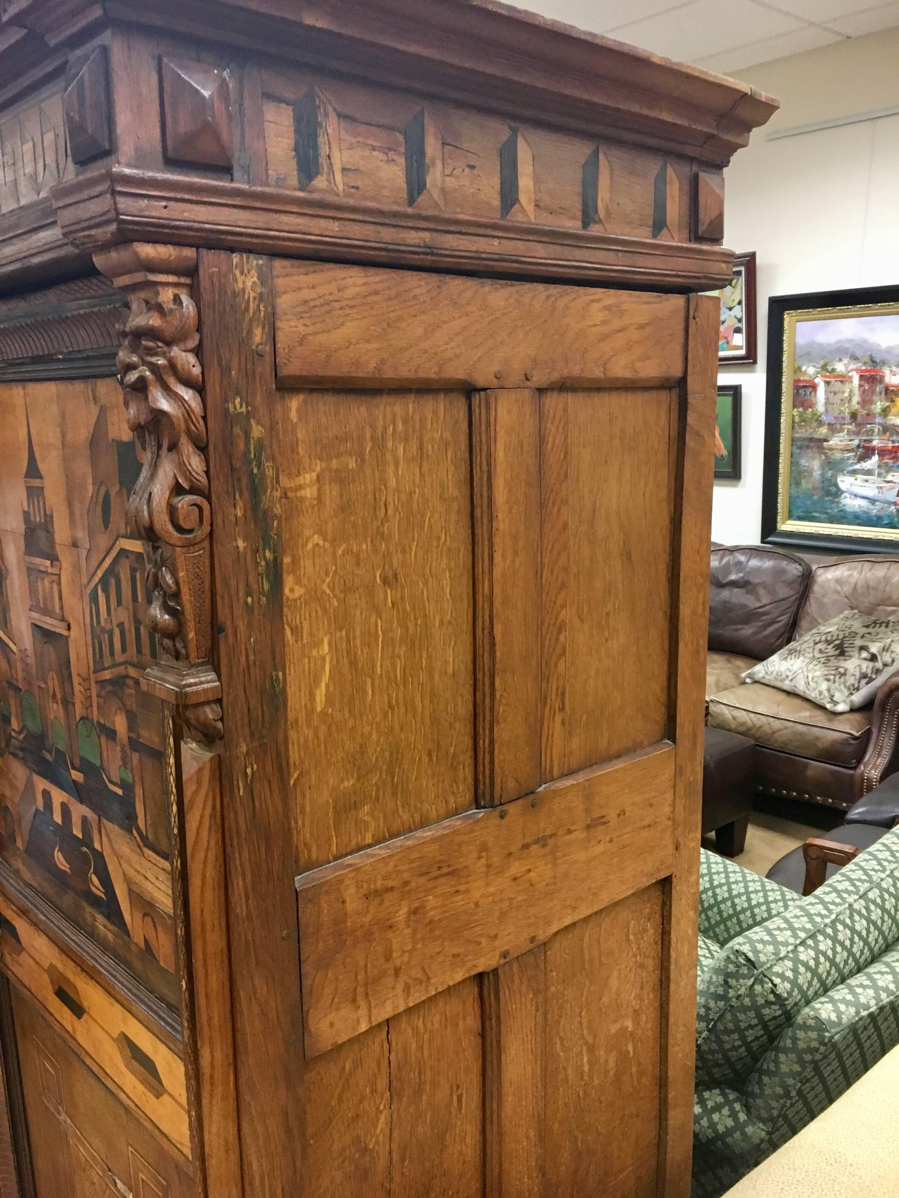 Antique Austrian Architectural, 18th Century Marquetry Armoire Cabinet 1