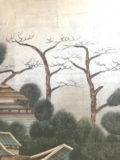 Vintage Chinese Hand Painted Silver Leaf Folding Screen Room Divider