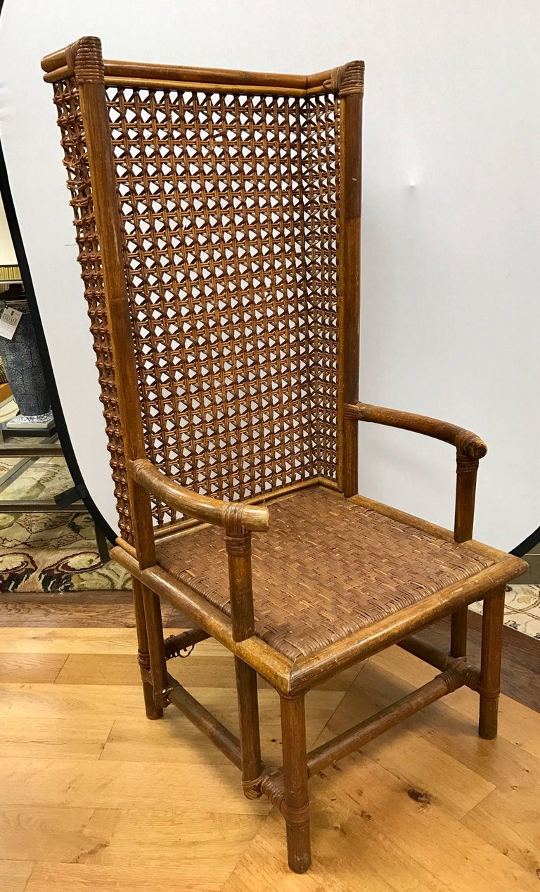 Danish Midcentury Tall Rattan Wicker Wingback Chair For Sale at 1stDibs
