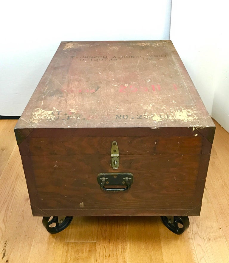 Antique Industrial Wood Trunk Coffee Table For Sale at 1stdibs