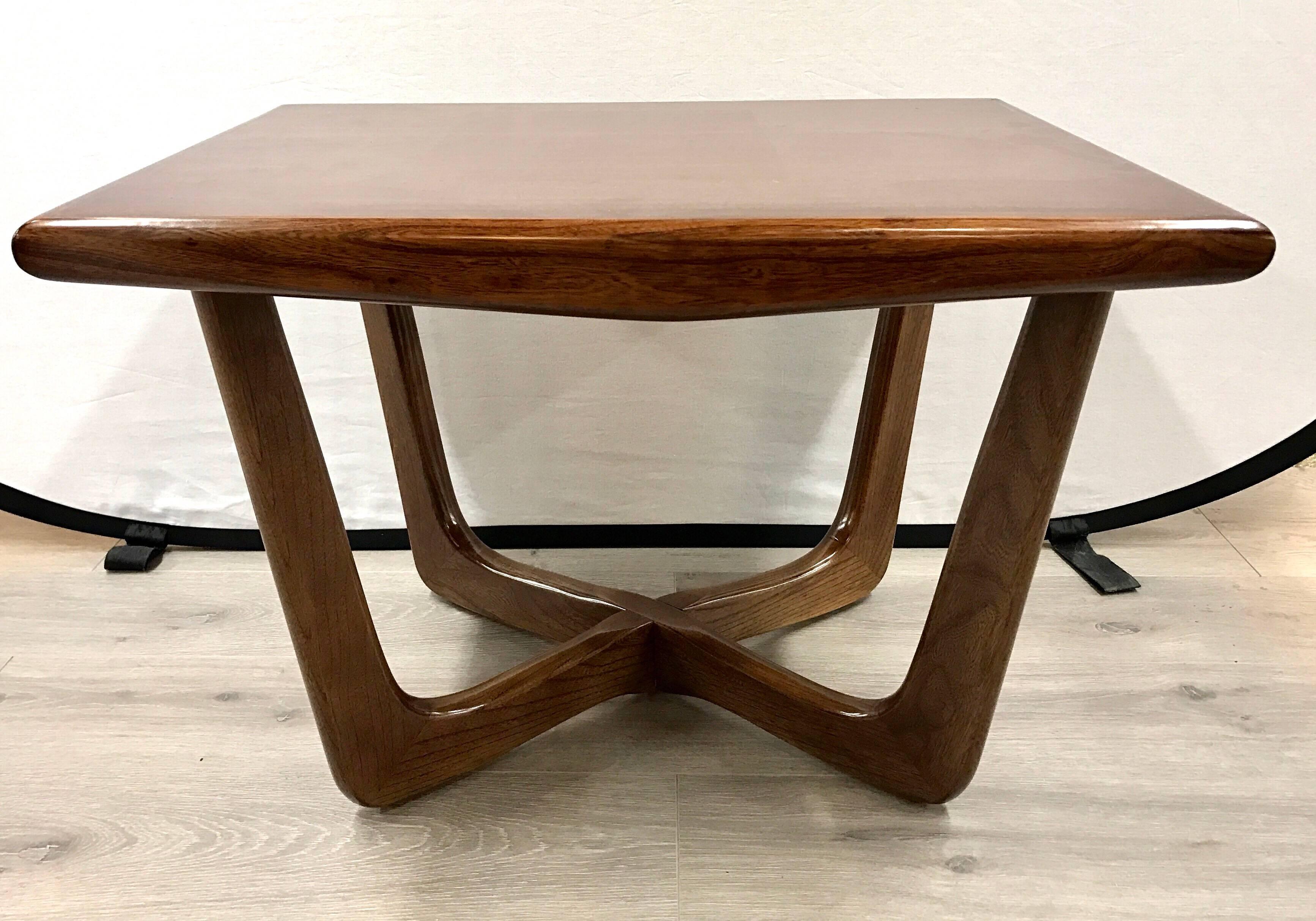 Pair of matching Pearsall style midcentury dark teak end tables with an X-base.