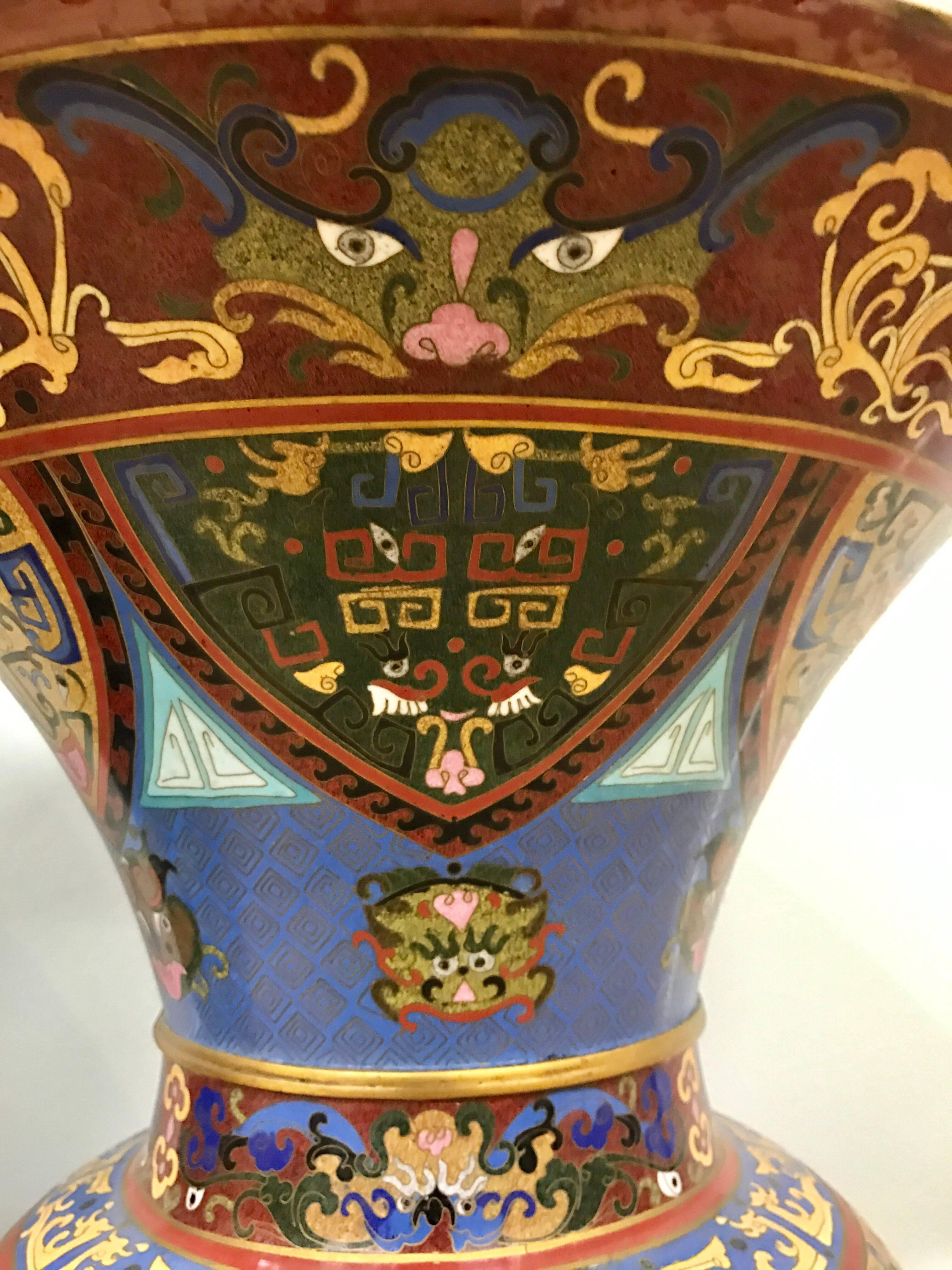 20th Century Pair of Large Chinese Cloisonné Enameled Urns Vases
