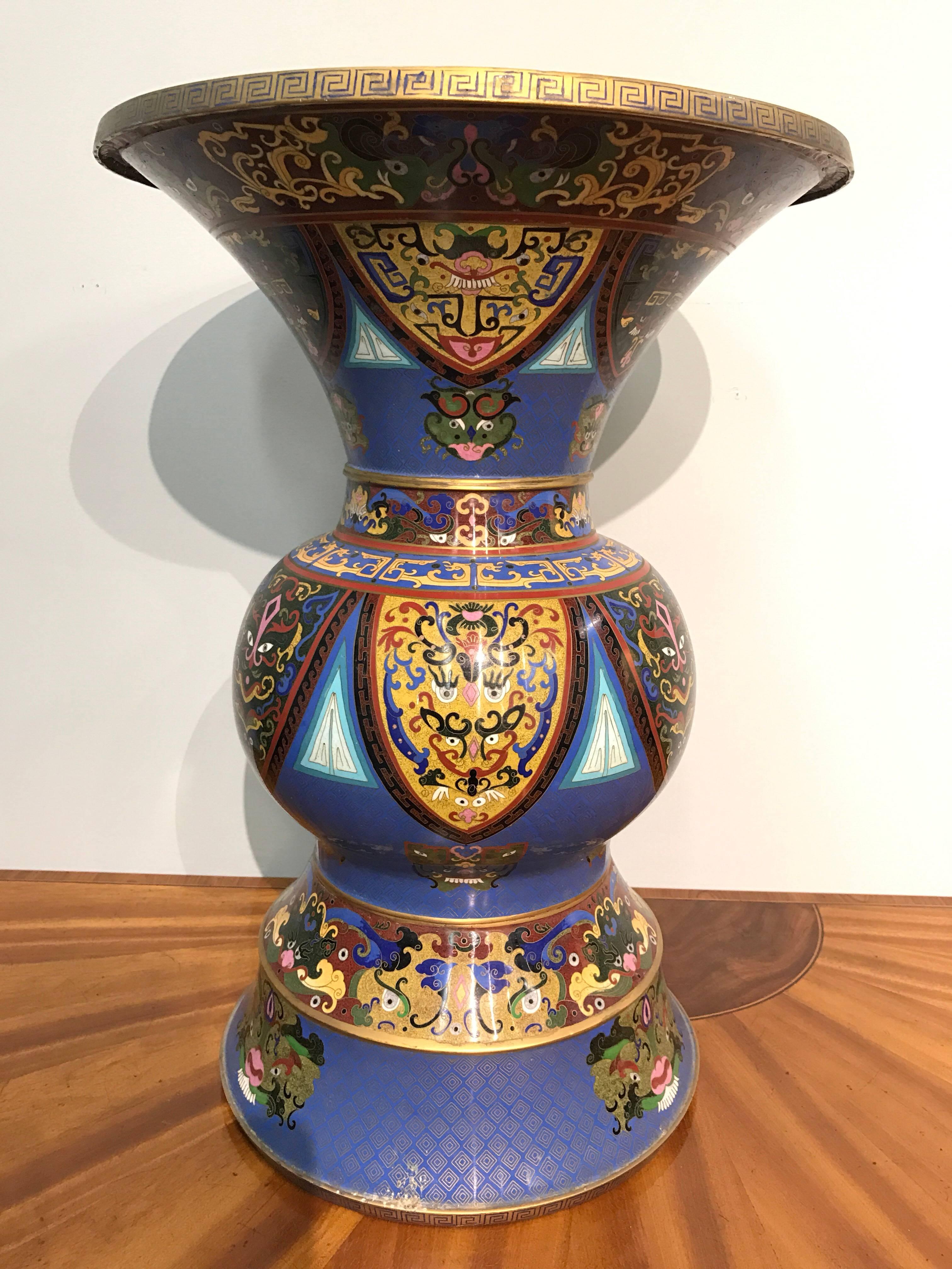 Metal Pair of Large Chinese Cloisonné Enameled Urns Vases