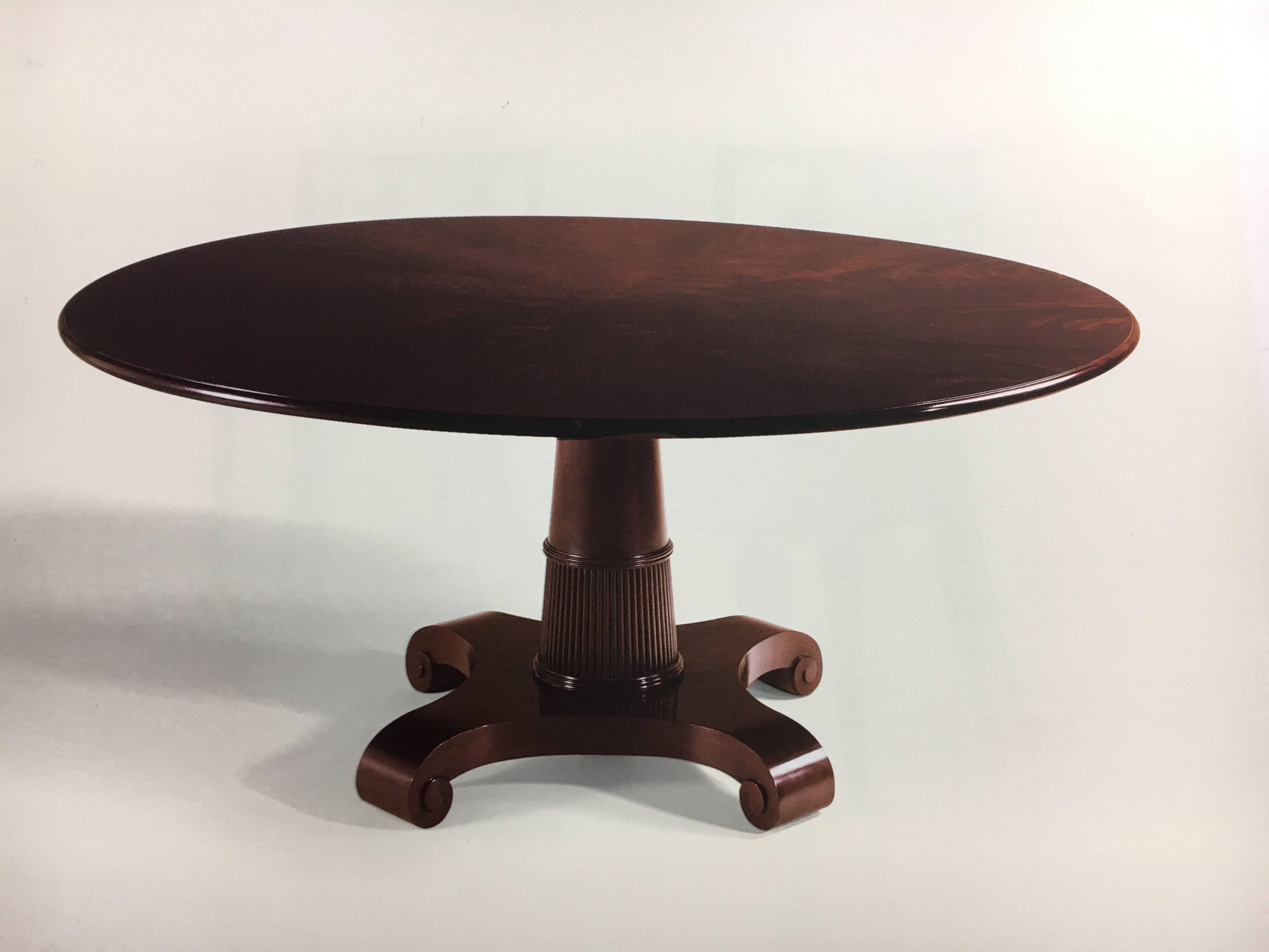 Baker Furniture round pedestal dining room table made of solid mahogany wood and veneers and featuring a sable finish. Model # is 7837G and it is featured in Baker's Thomas Pheasant catalog on page 35.