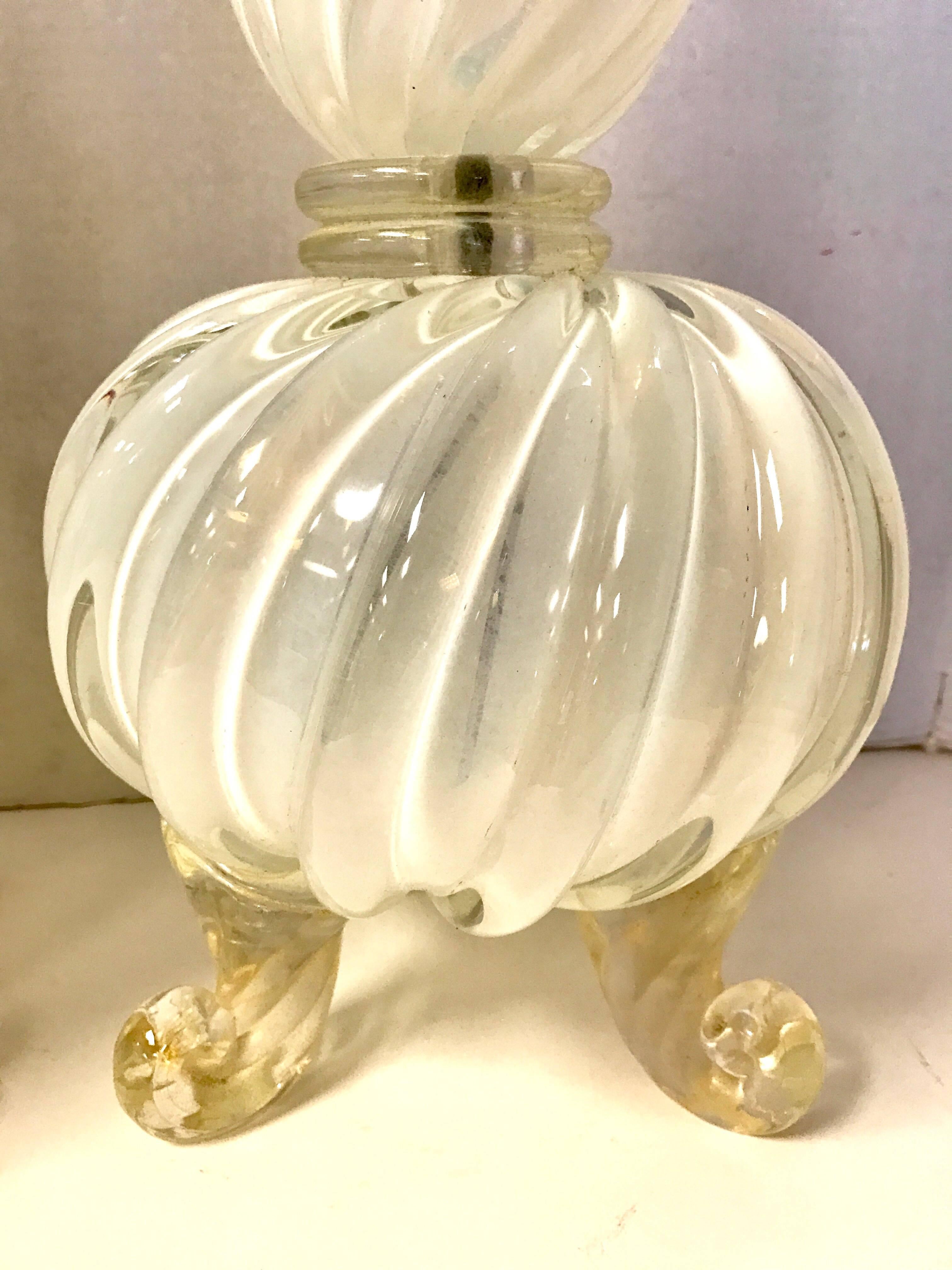 Mid-Century Modern Pair of White and Gold Murano Glass Lamps