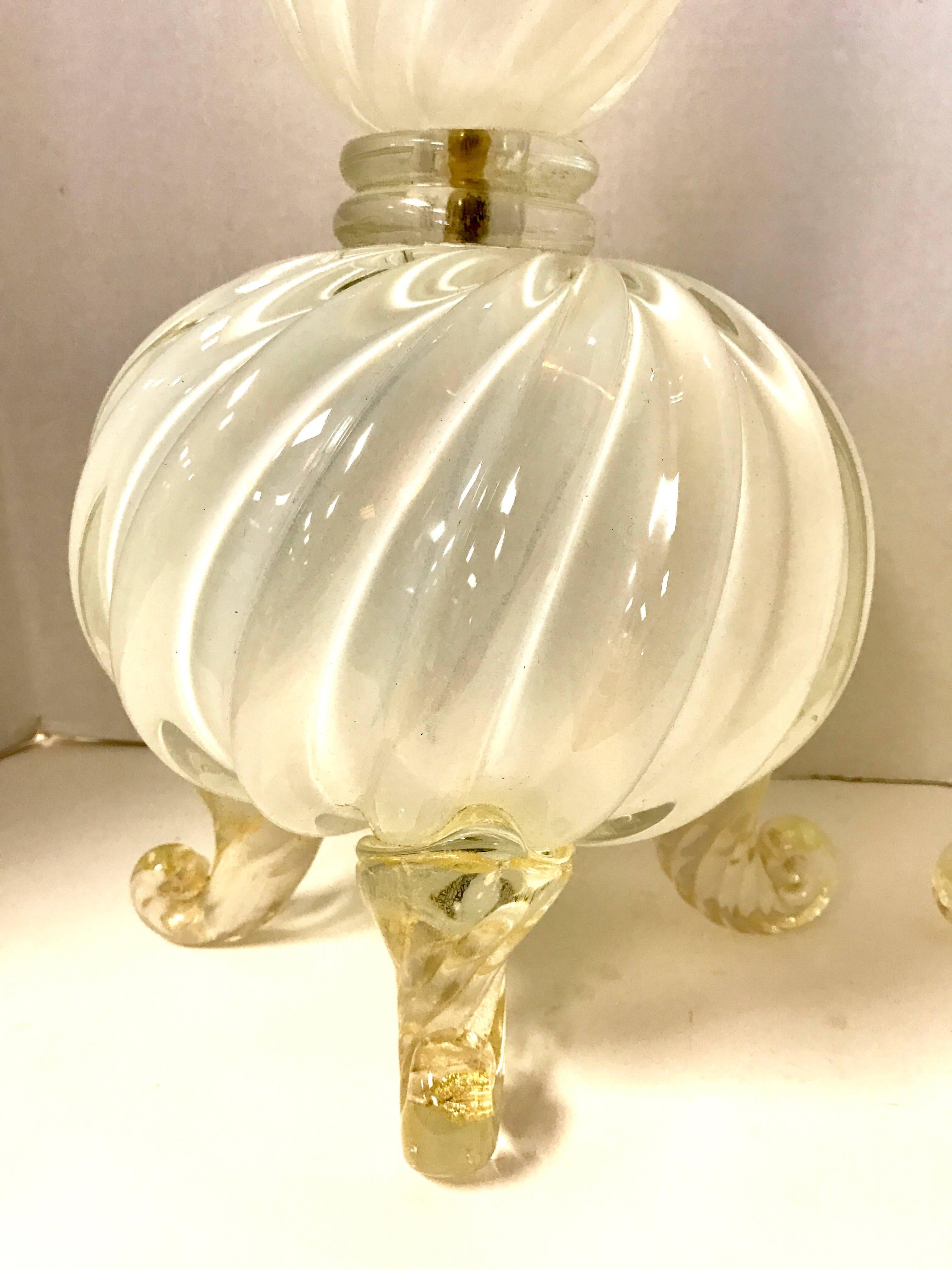 Italian Pair of White and Gold Murano Glass Lamps