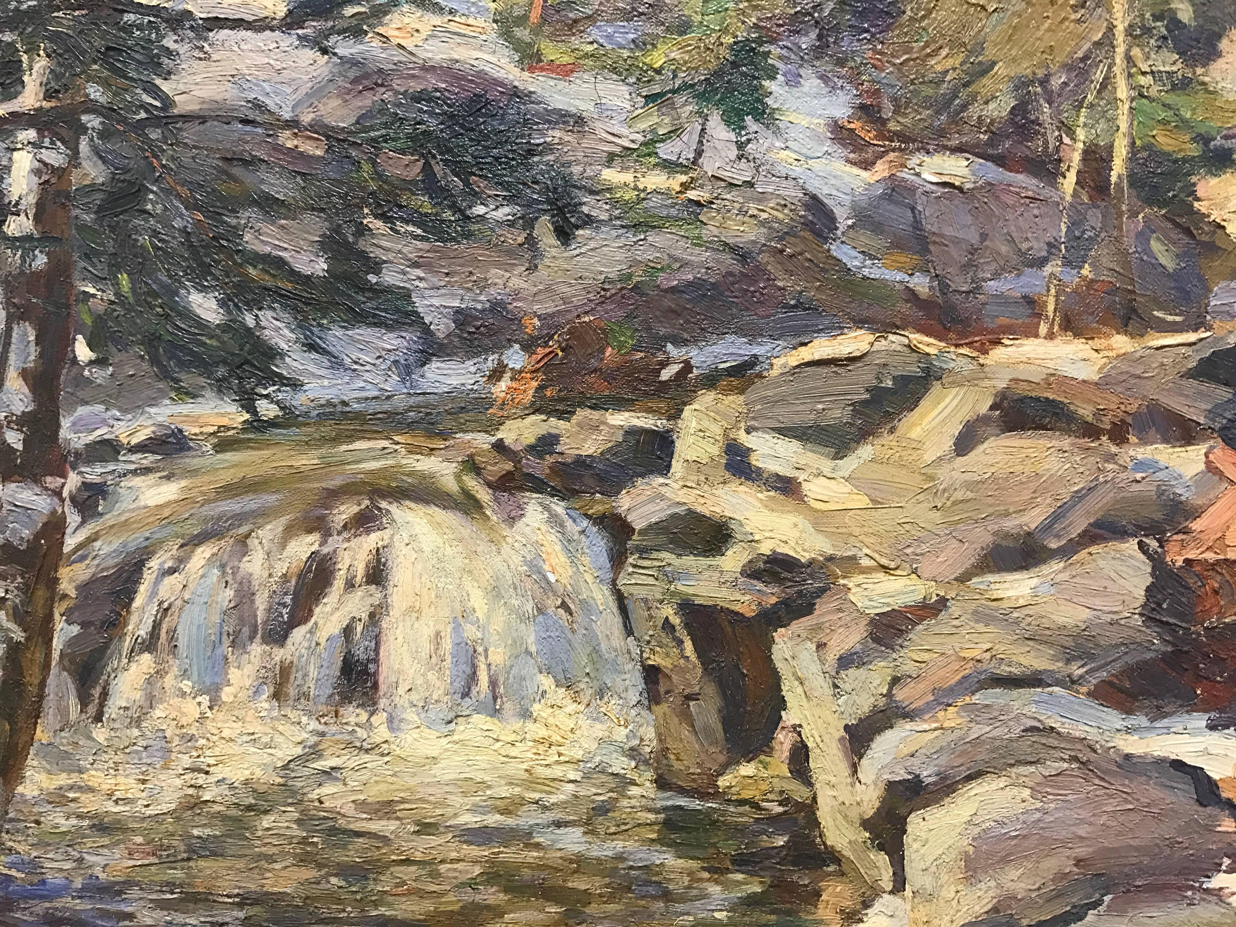 Original oil painting of a small New England waterfall scene by Frederick Lester Sexton (1889 - 1975),  one of the unsung heroes of Connecticut Regionalism.  He was a master painter whose work was widely exhibited and favorably reviewed for five