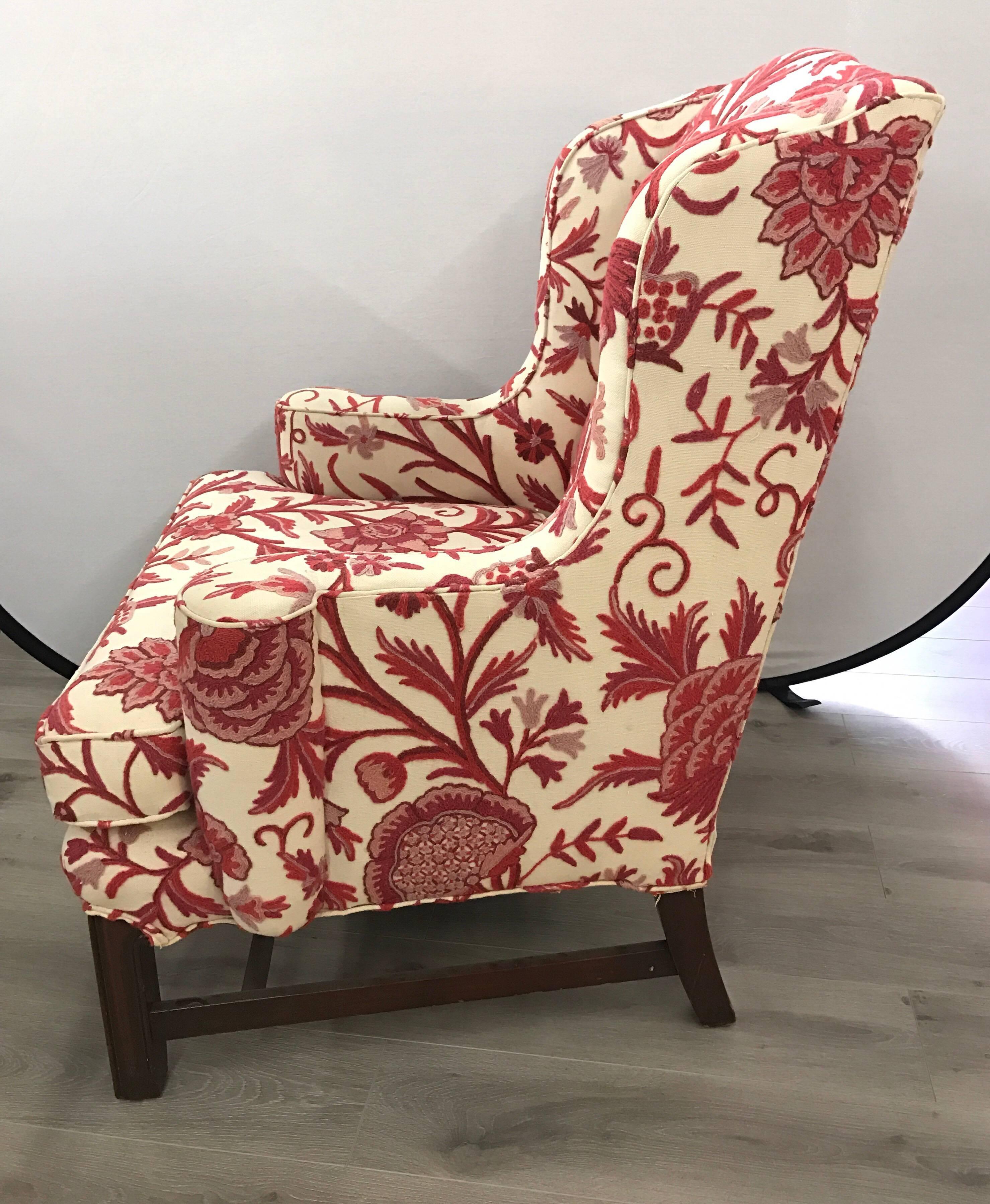 Chinoiserie Pair of Wingback Chairs in Brunschwig & Fil Crewel Upholstery