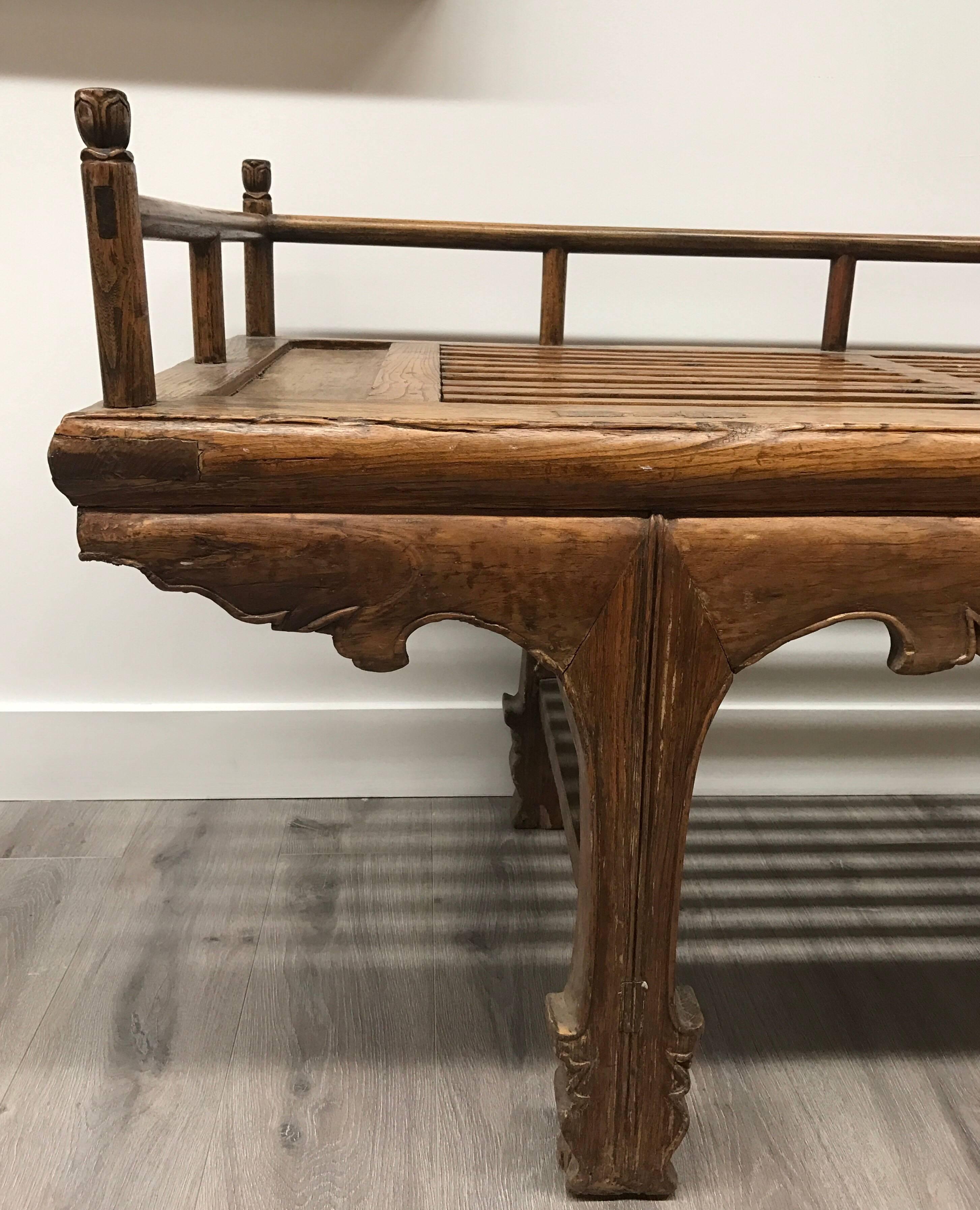 Elm 19th Century Carved Chinese Daybed Bench Settee