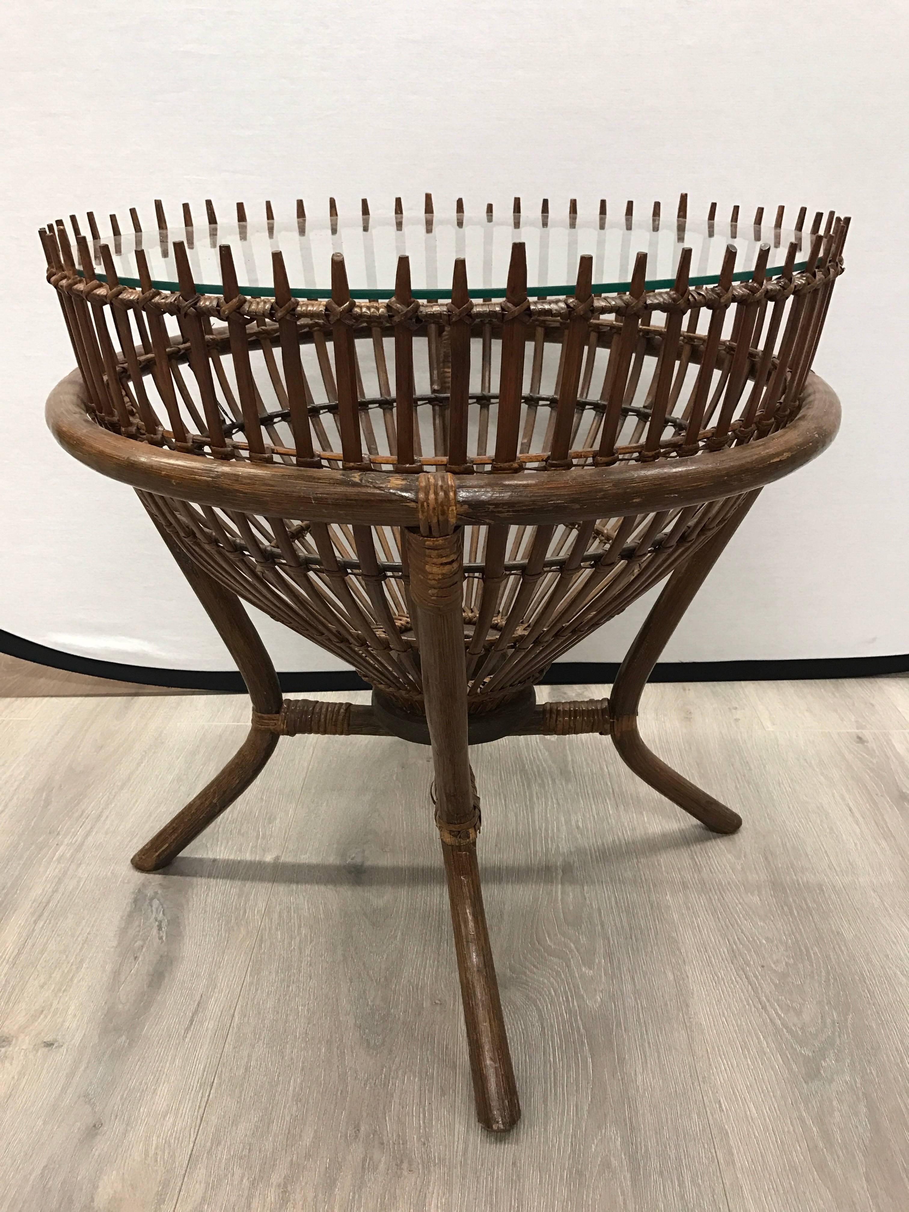 Italian Pair of Franco Albini Style Rattan Fish Trap Basket Tables