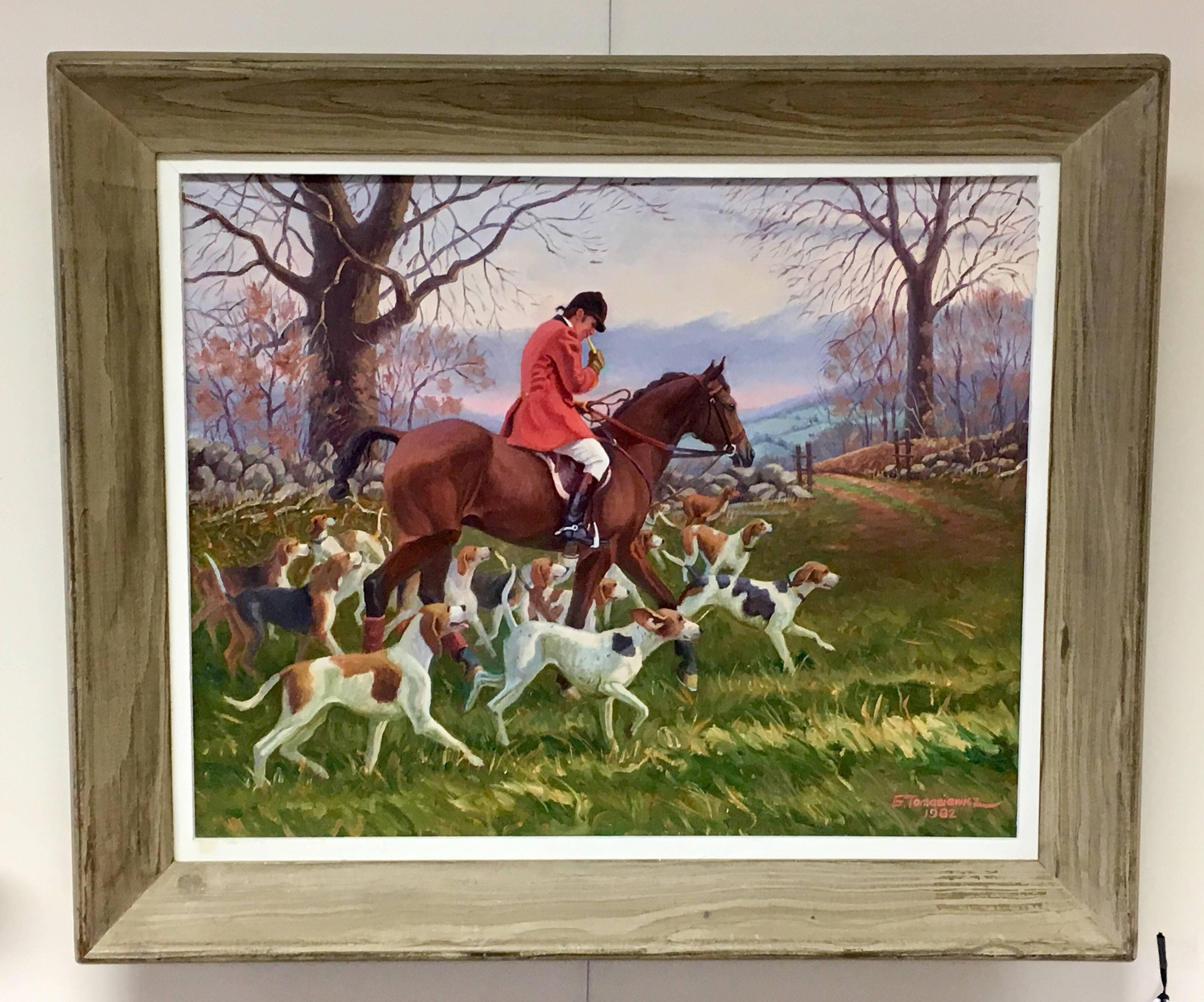 Stunning original Edward Tomasiewicz (1919 - 2006) large oil painting depicting a hunt scene in the countryside. His work is featured in and around the northeast part of the United States. Medium is oil on canvas and frame is original.