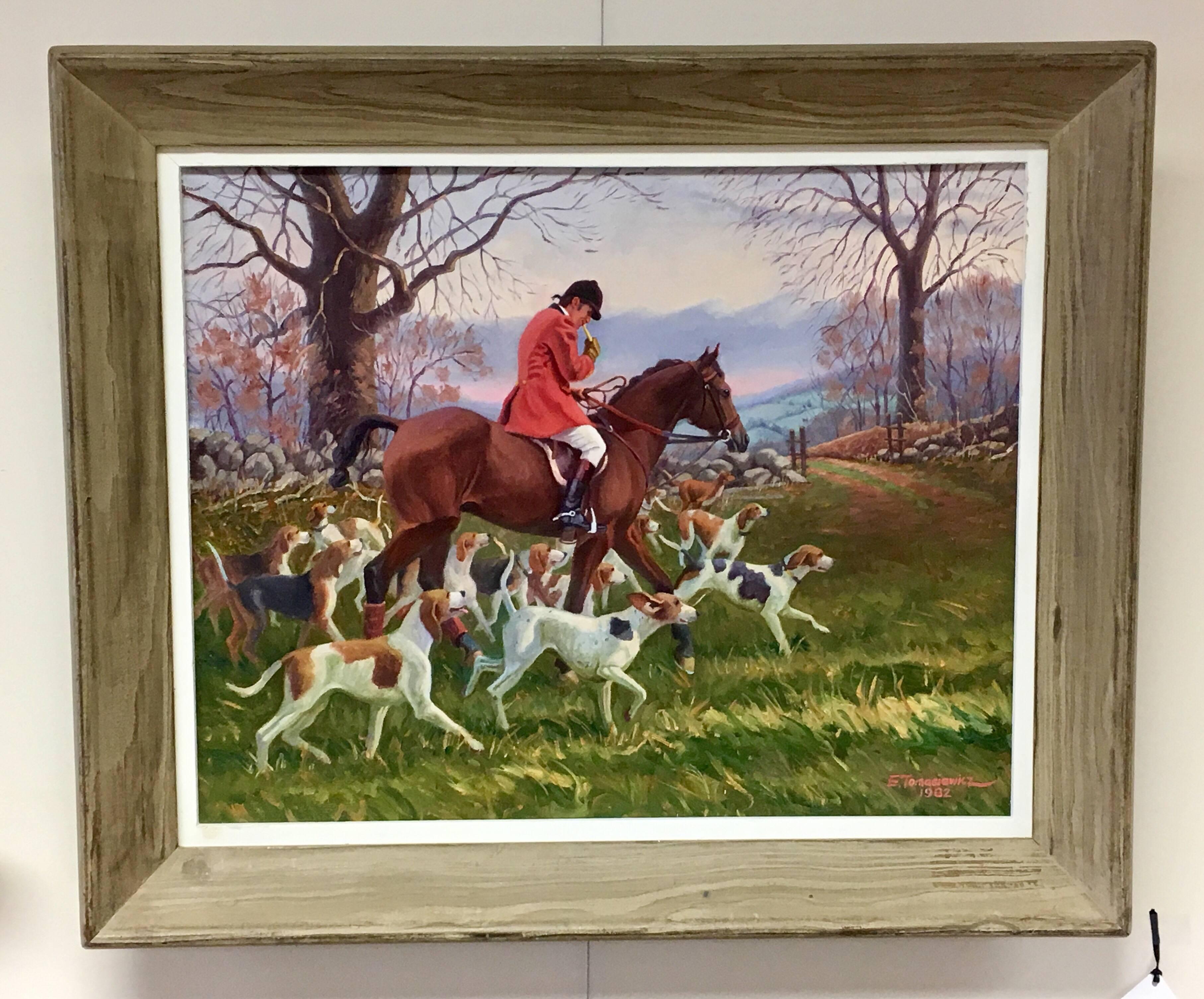 American Original Oil Painting Hunt Scene Polo Equestrian Dogs Hounds Horses Signed