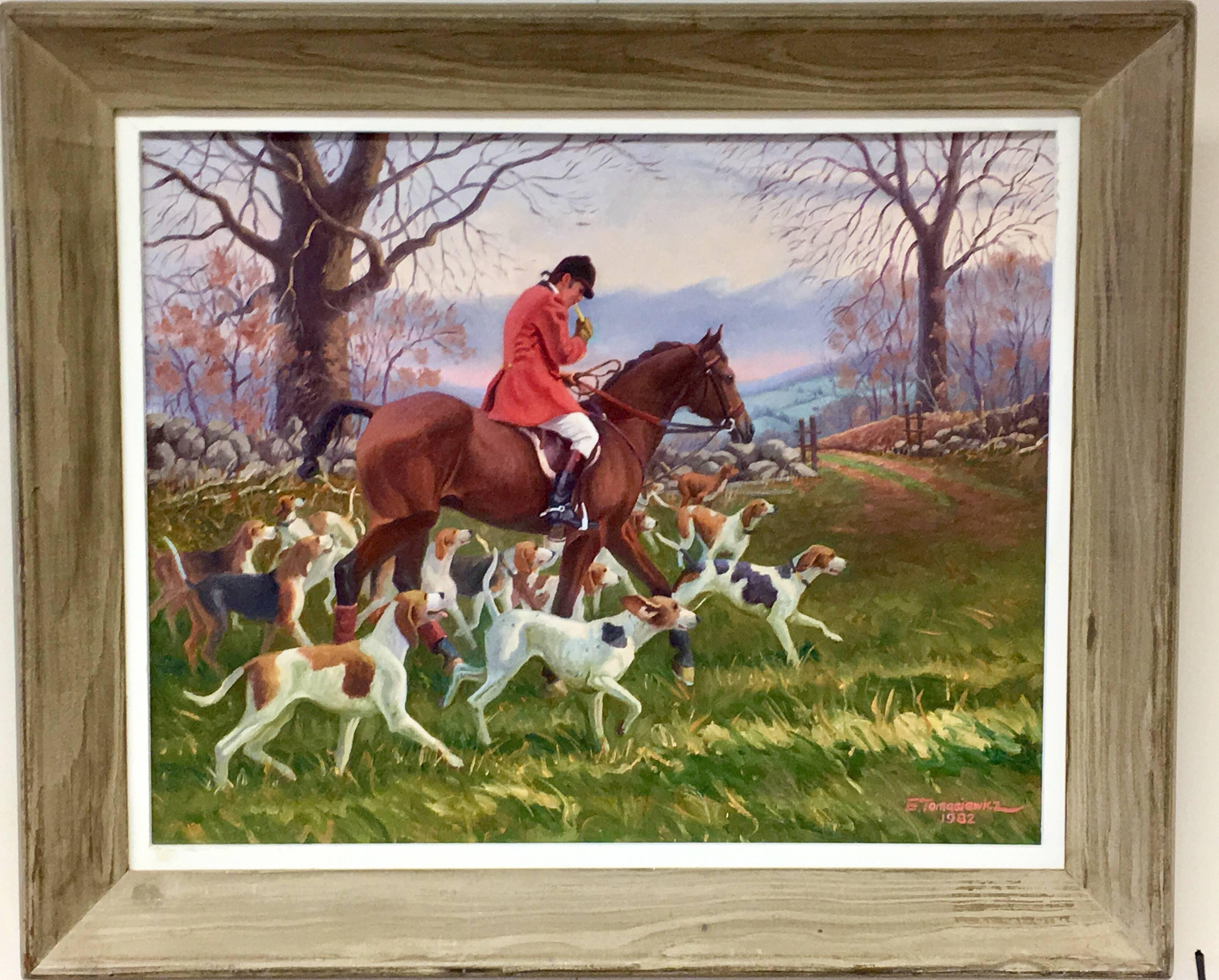 Original Oil Painting Hunt Scene Polo Equestrian Dogs Hounds Horses Signed In Excellent Condition In West Hartford, CT