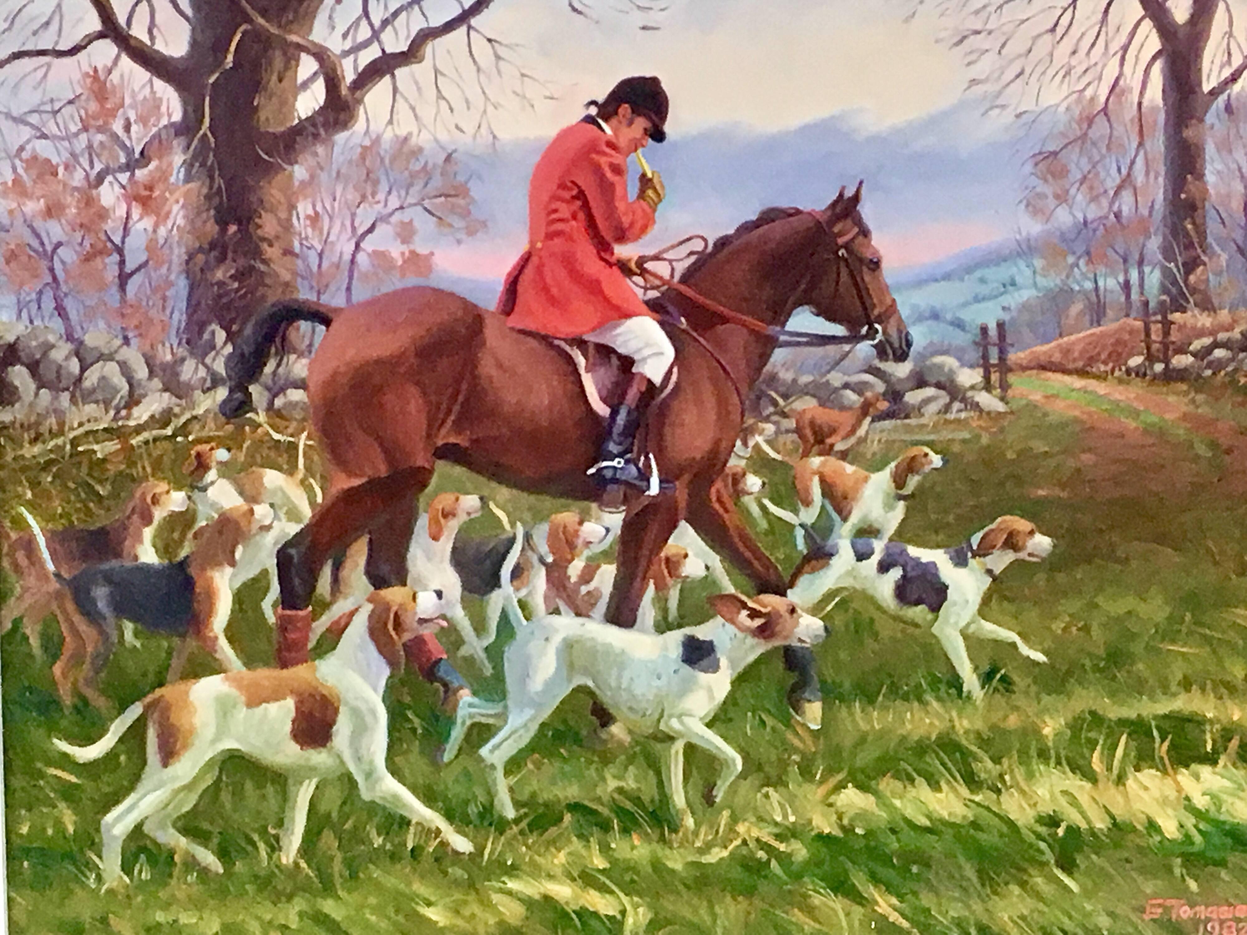 20th Century Original Oil Painting Hunt Scene Polo Equestrian Dogs Hounds Horses Signed