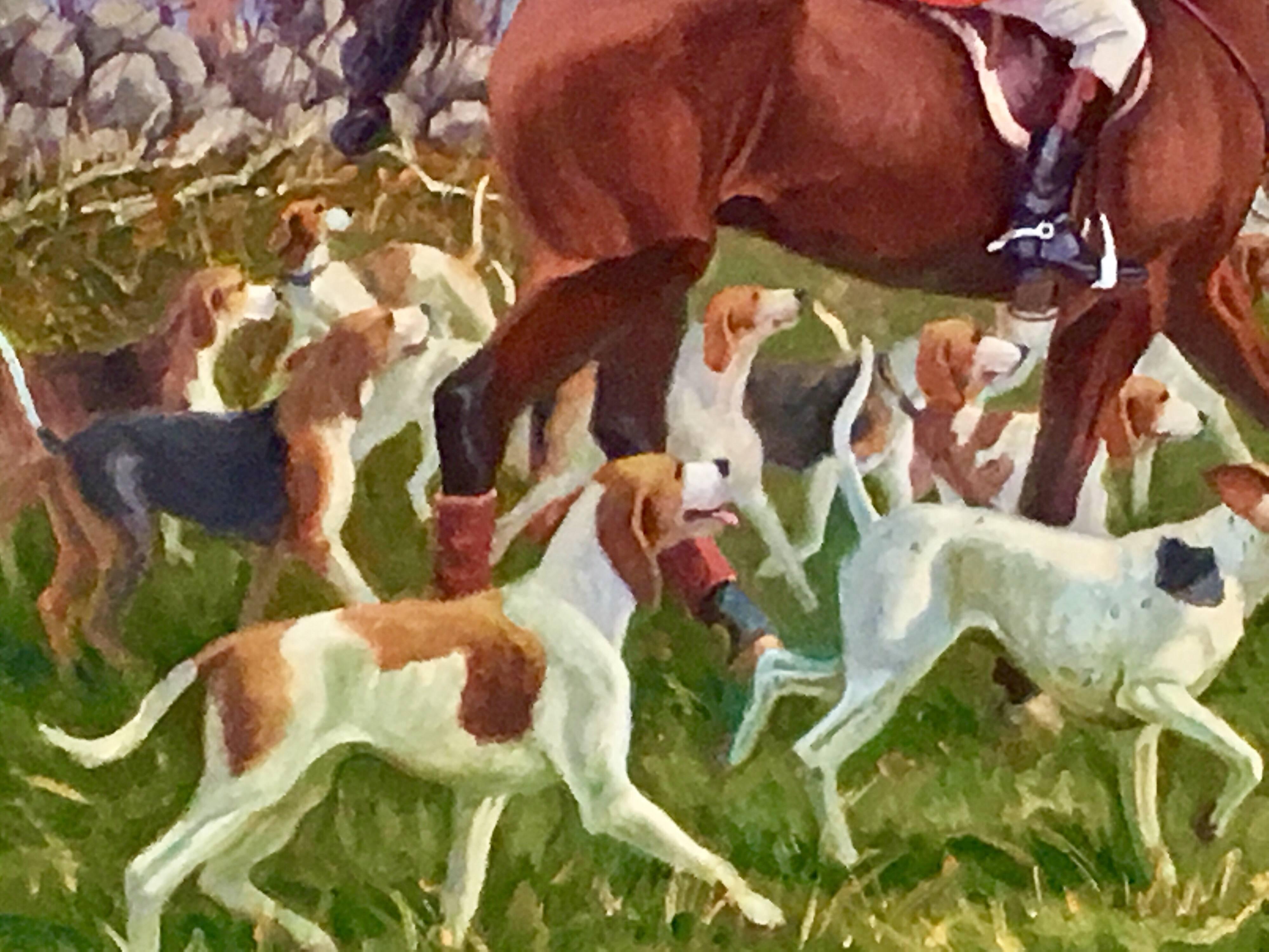 Original Oil Painting Hunt Scene Polo Equestrian Dogs Hounds Horses Signed 2