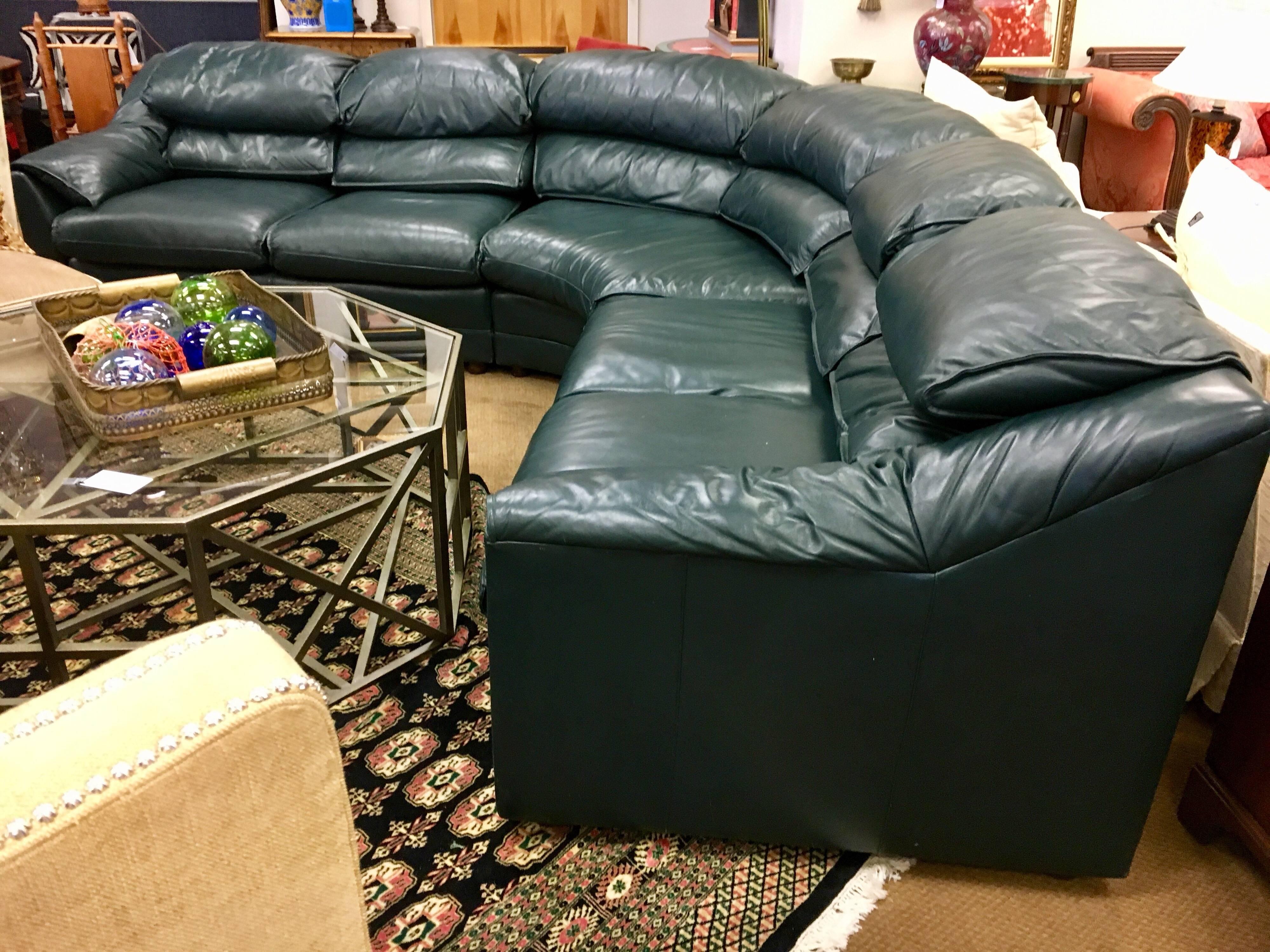 American Hancock and Moore British Racing Green Leather Three Piece Sectional Sofa