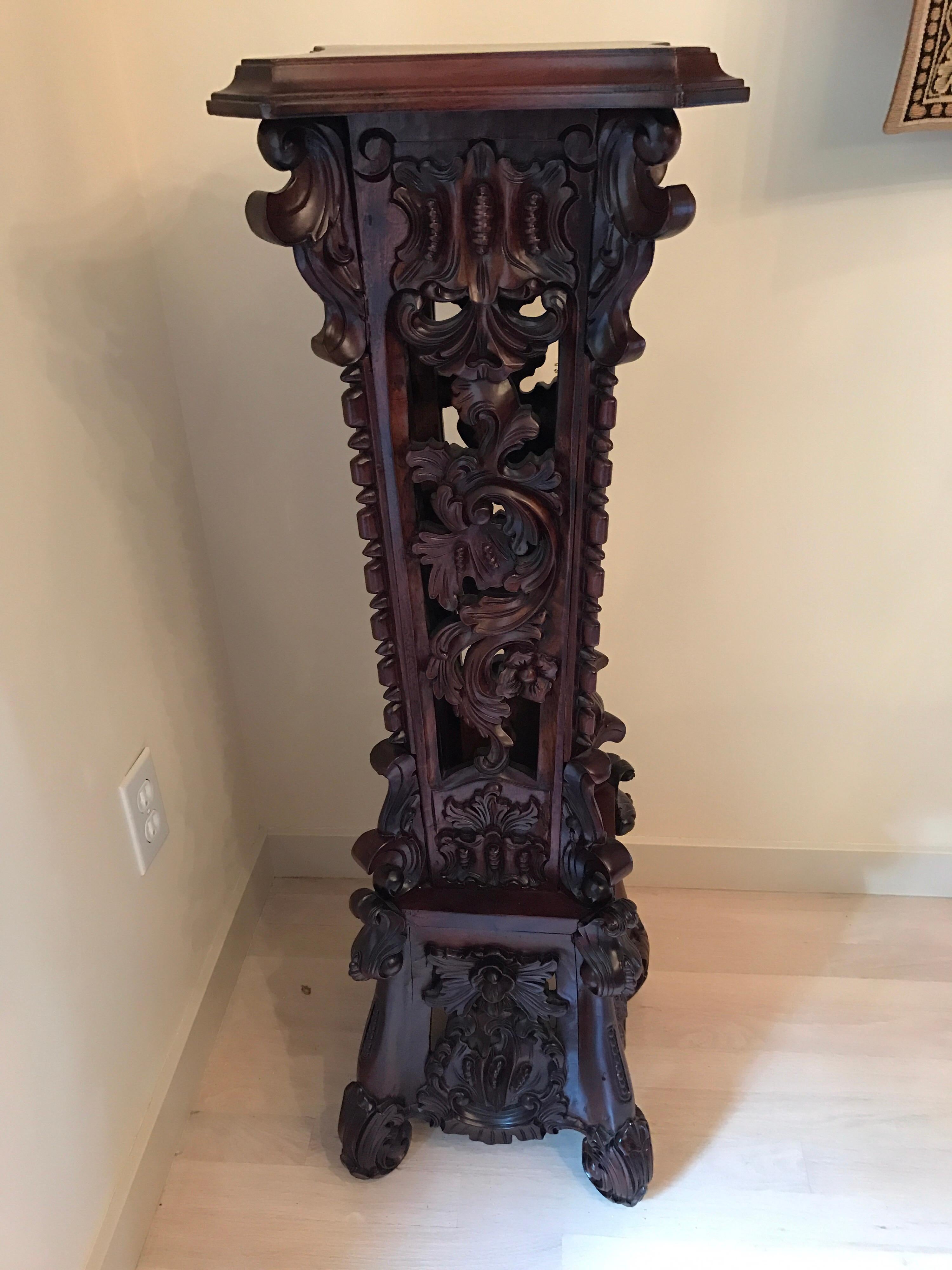 American Antique Carved Tall Mahogany Pedestal Plant Stand