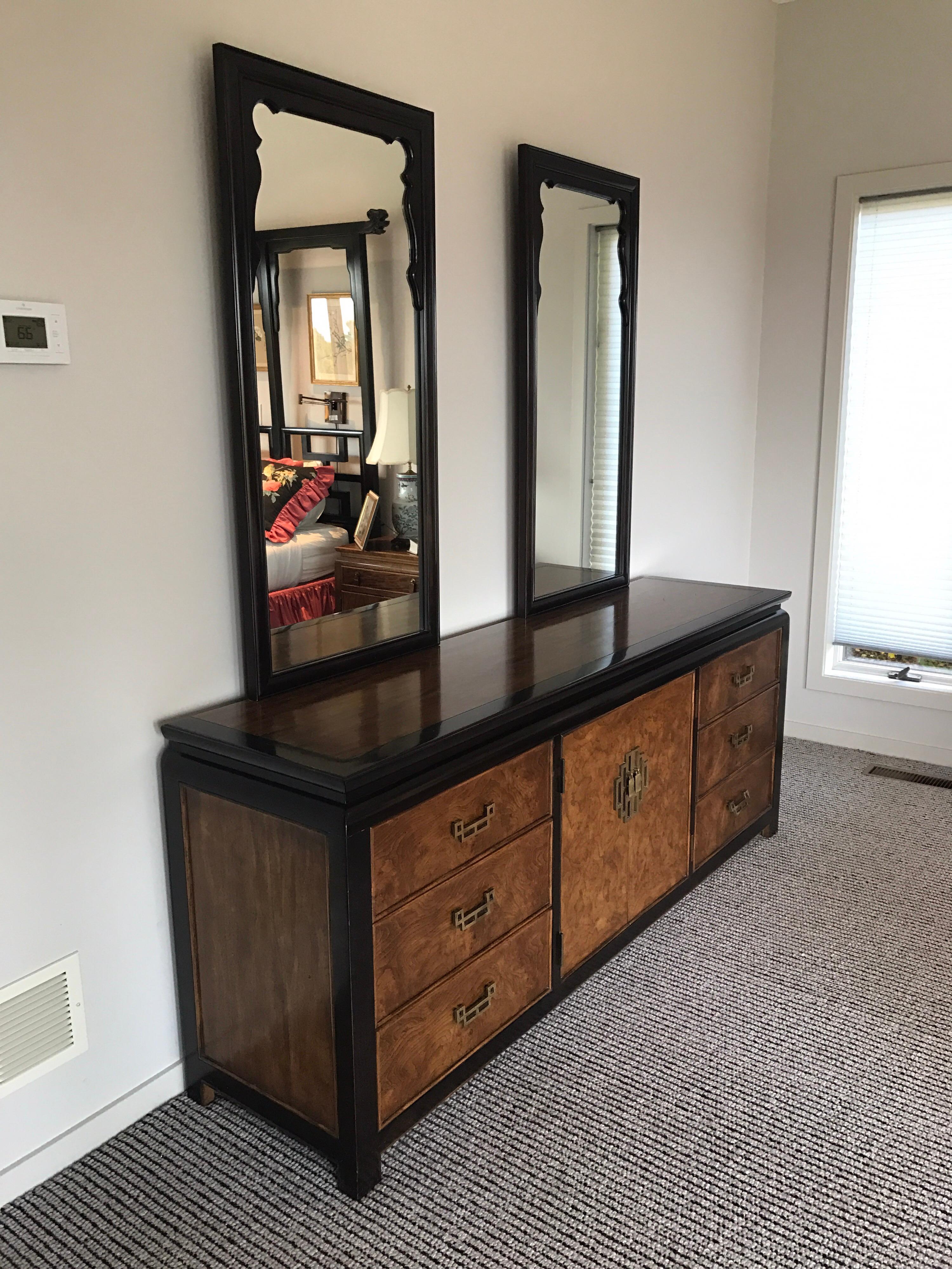 Elegant large nine-drawer dresser with two attachable mirrors featuring Asian them. All Century Furniture hallmarks are present.
