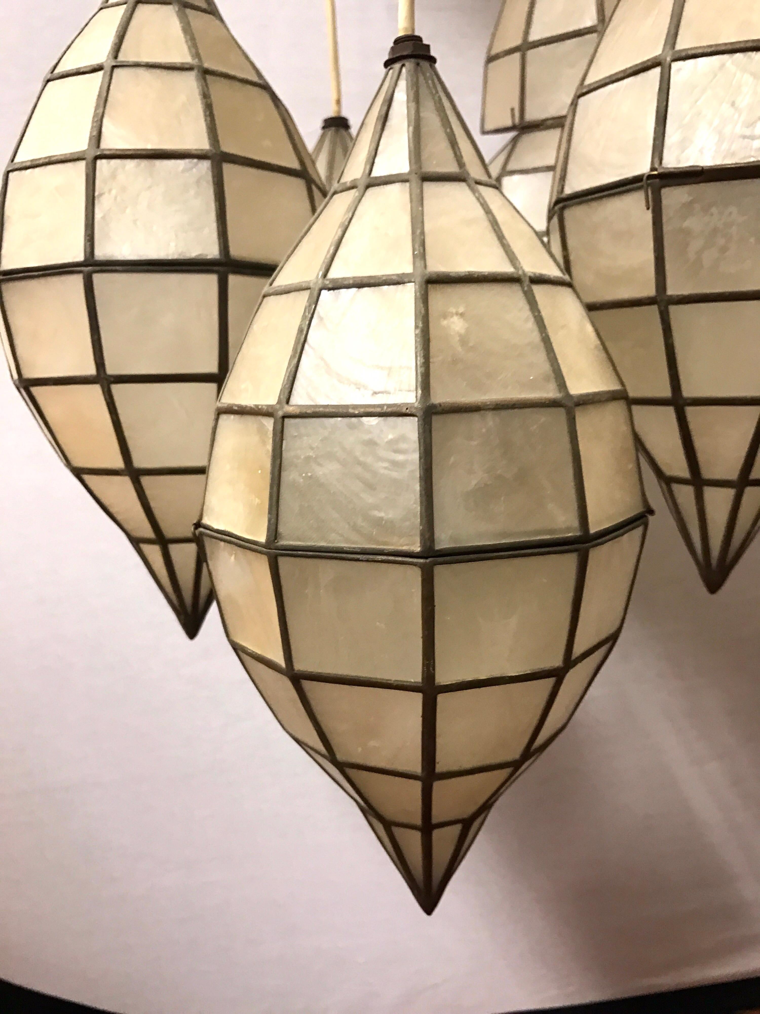 German Mid Century Mother-of-Pearl Hanging Lanterns Pendant Chandelier