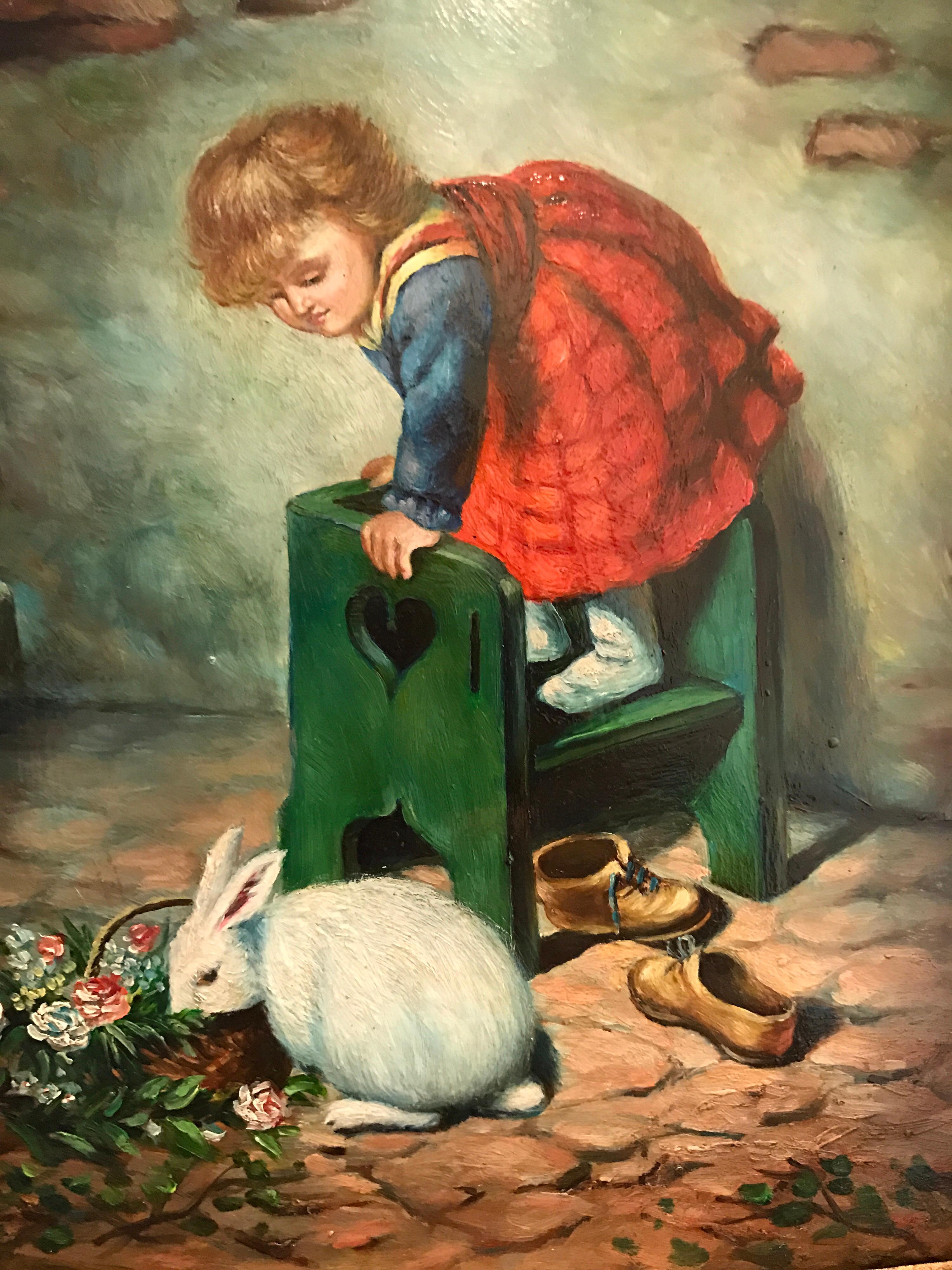 Vintage Original Oil Painting Framed Little Girl with Rabbit Perfect Gift In Excellent Condition In West Hartford, CT