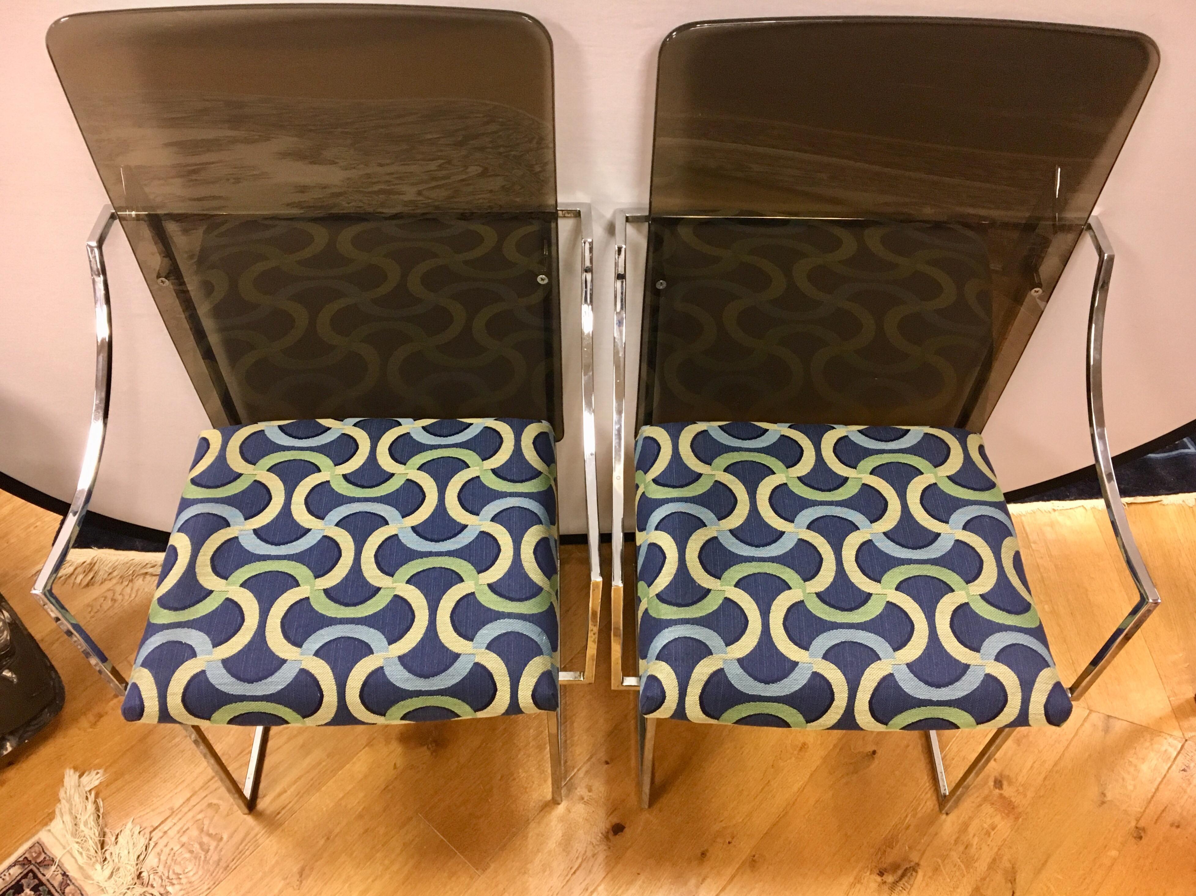 Fabric Mid Century Milo Baughman for Thayer Coggin J-2540 Lucite and Chrome Chairs