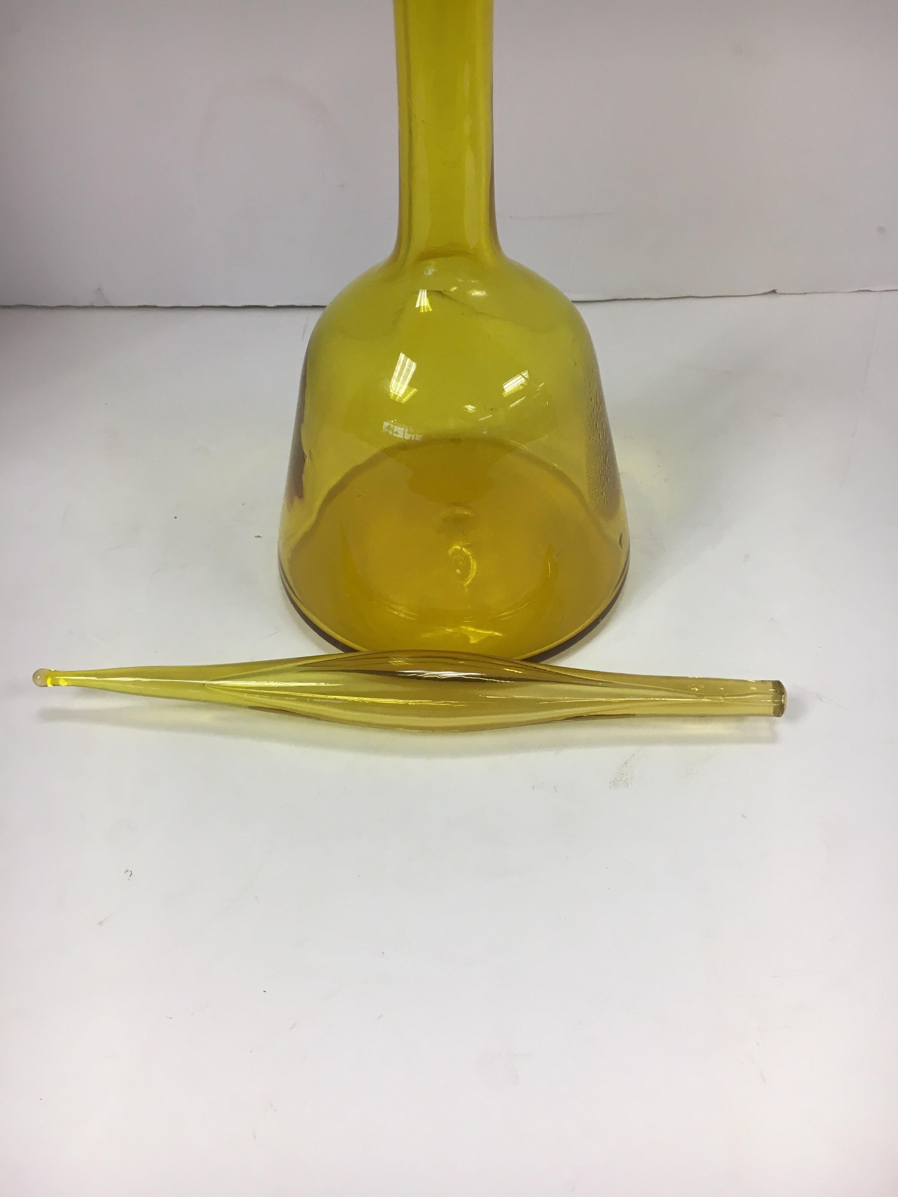 Mid Century Blenko Yellow Art Glass Decanter Bottle Vessel 2
