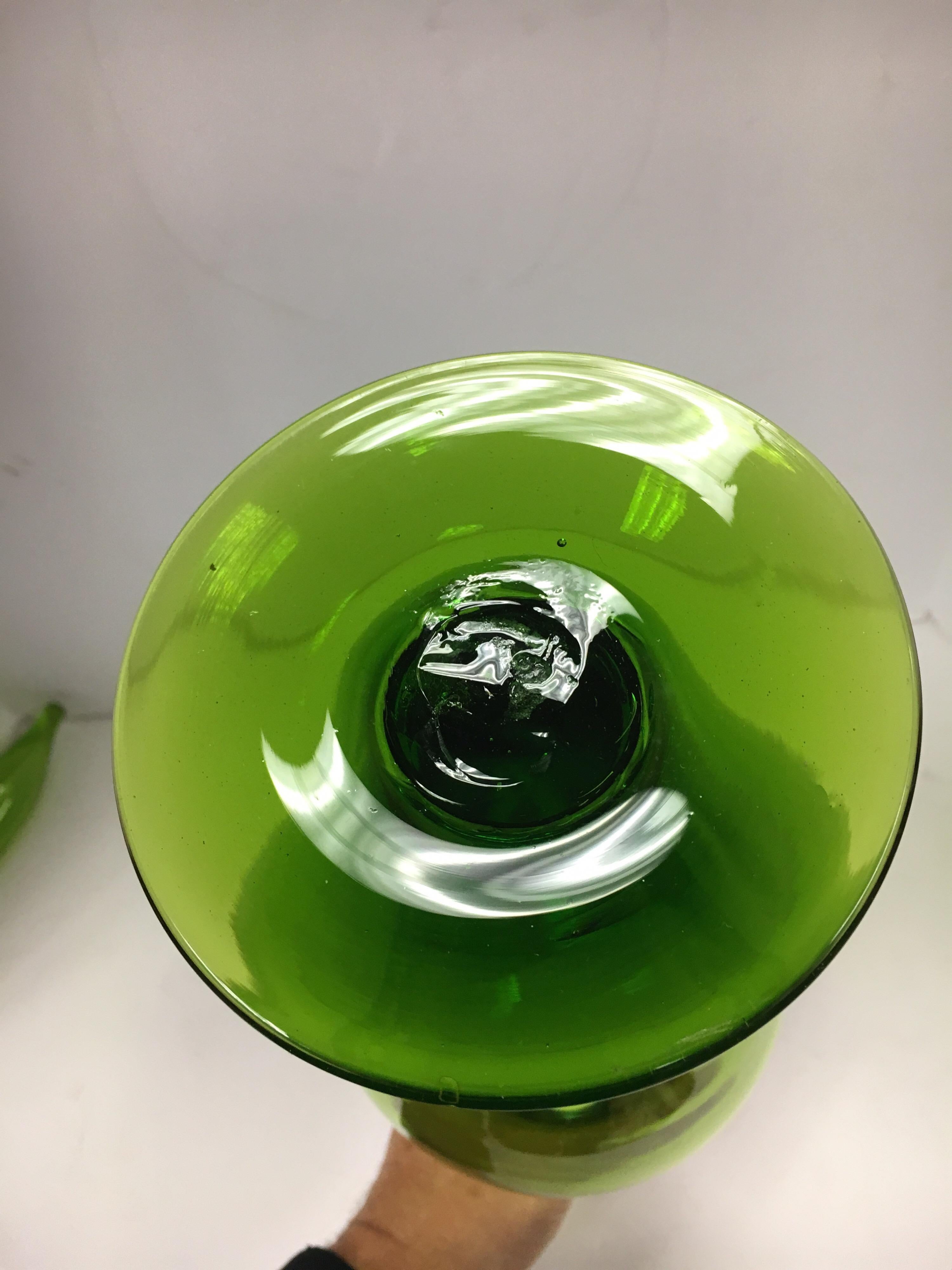 Taller Mid-Century blenko green glass decanter with matching stopper.