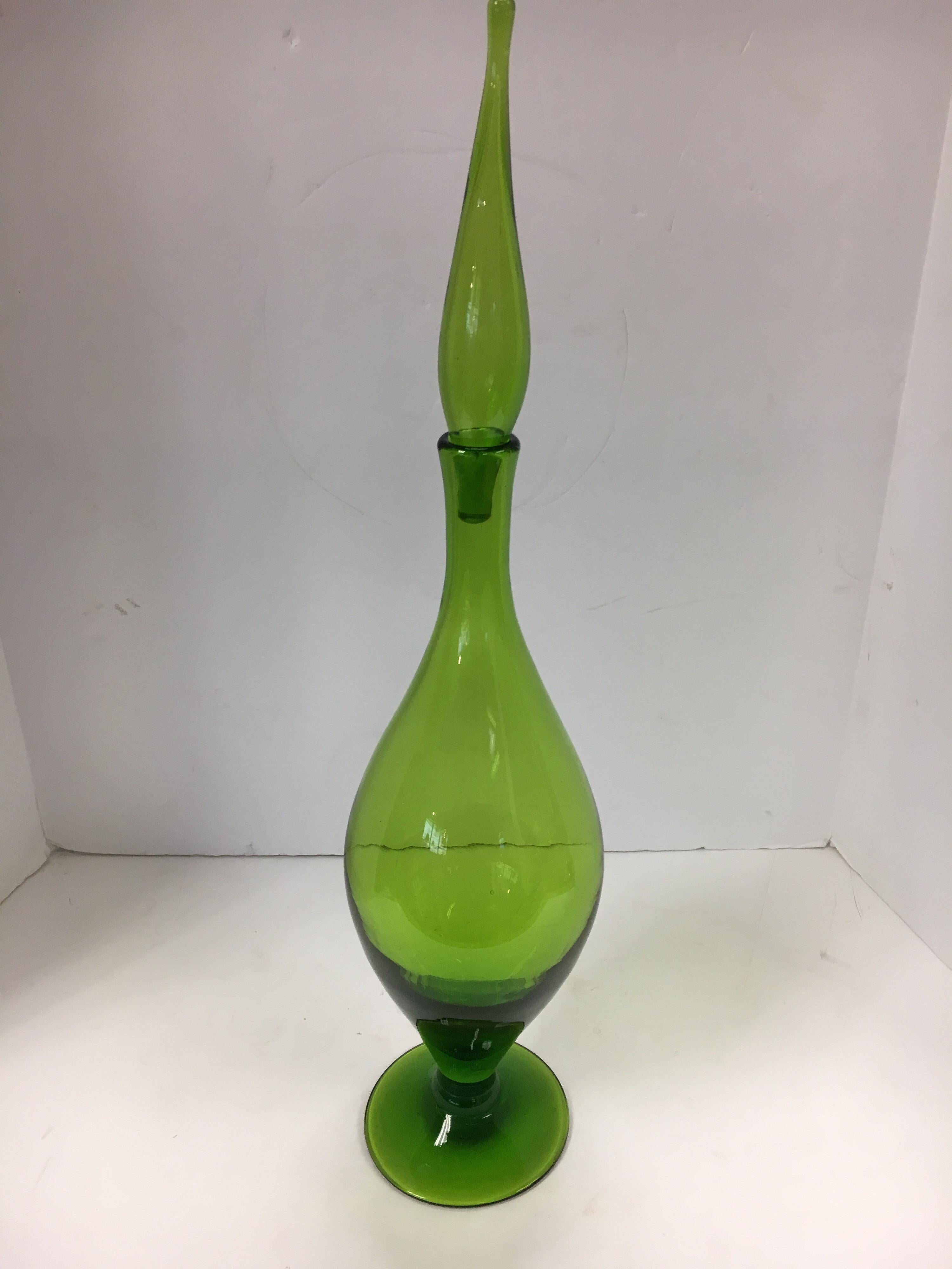American Tall Mid Century Blenko Green Glass Decanter Bottle