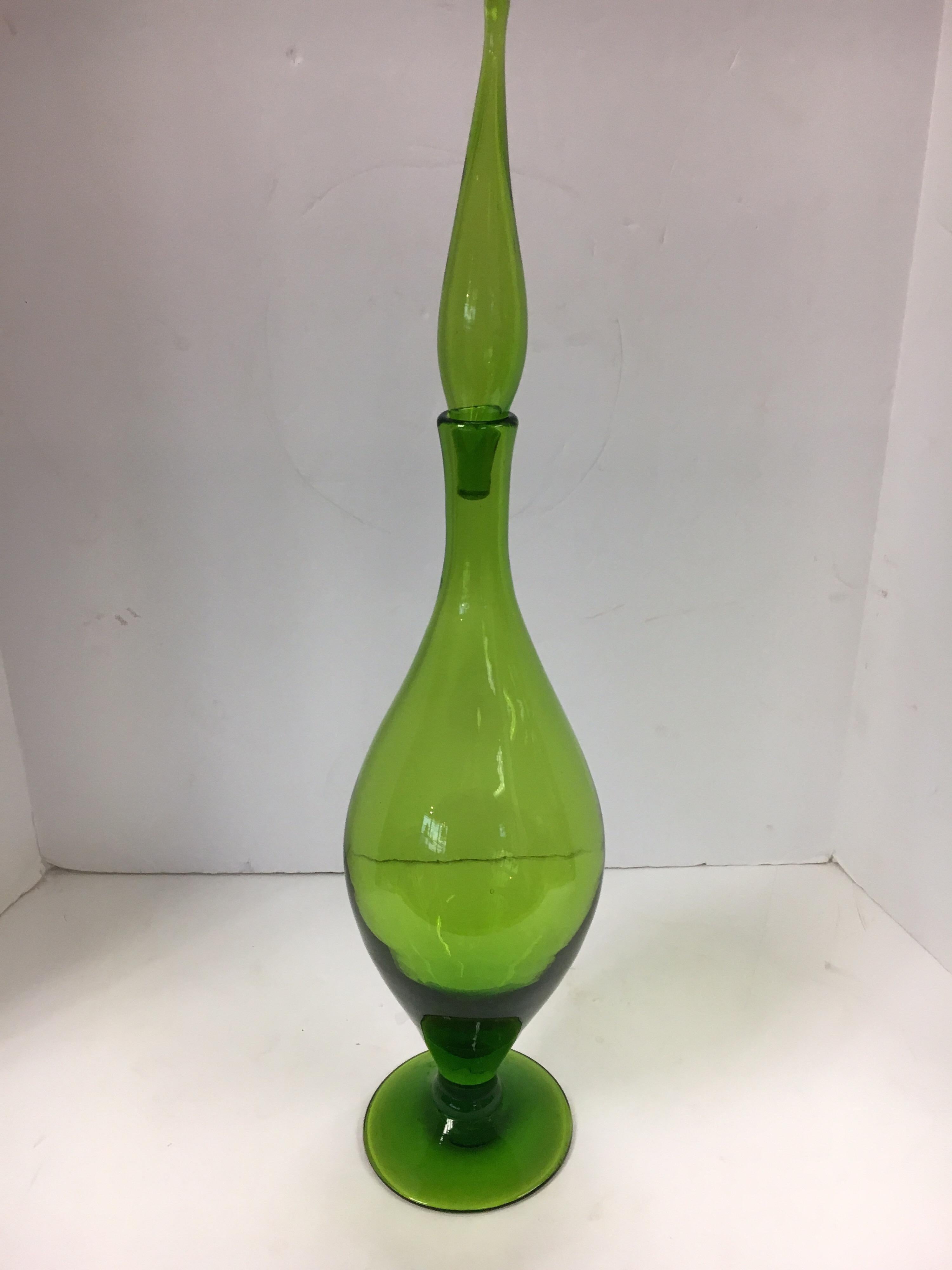 Art Glass Tall Mid Century Blenko Green Glass Decanter Bottle