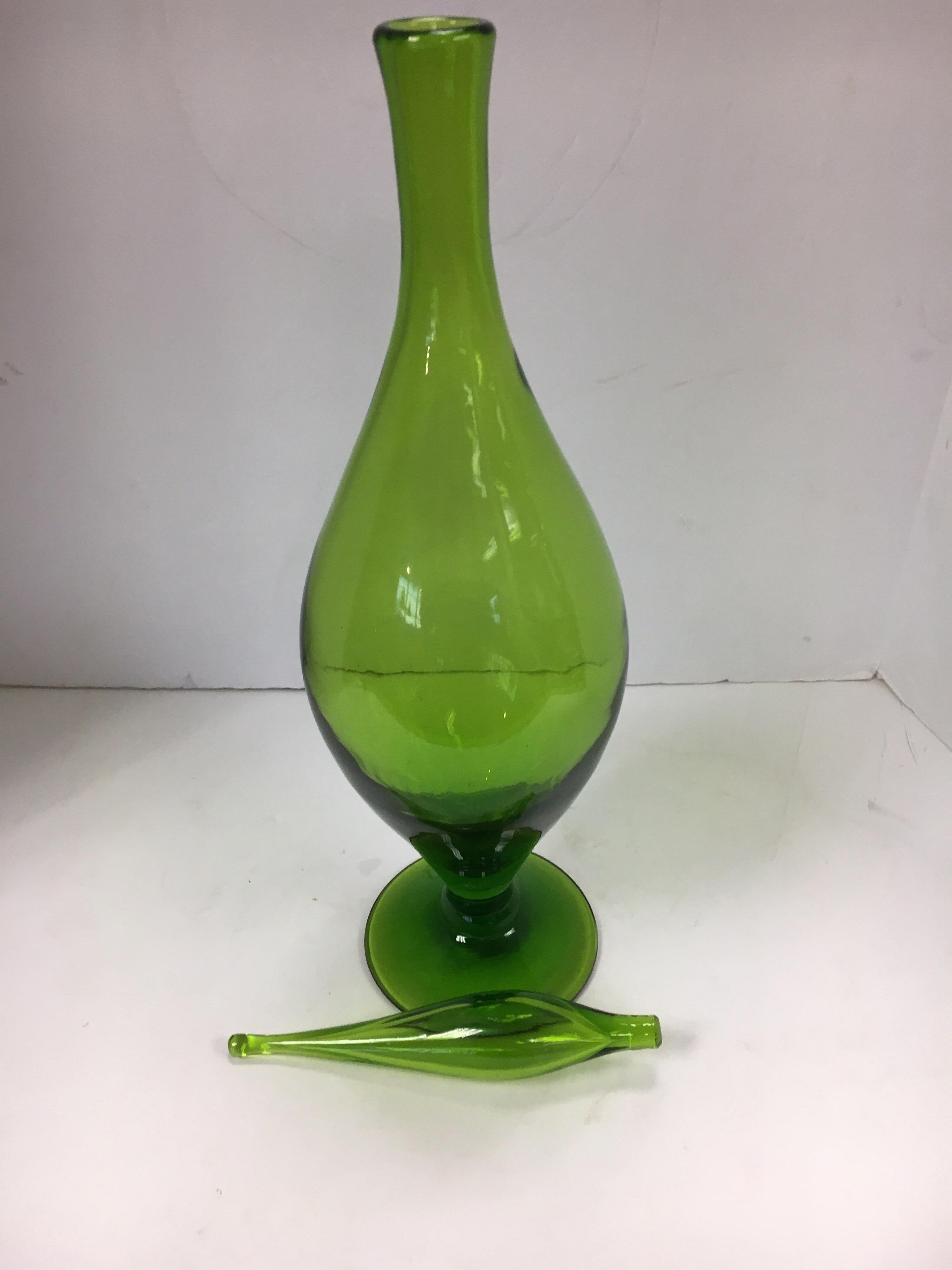 Tall Mid Century Blenko Green Glass Decanter Bottle 6