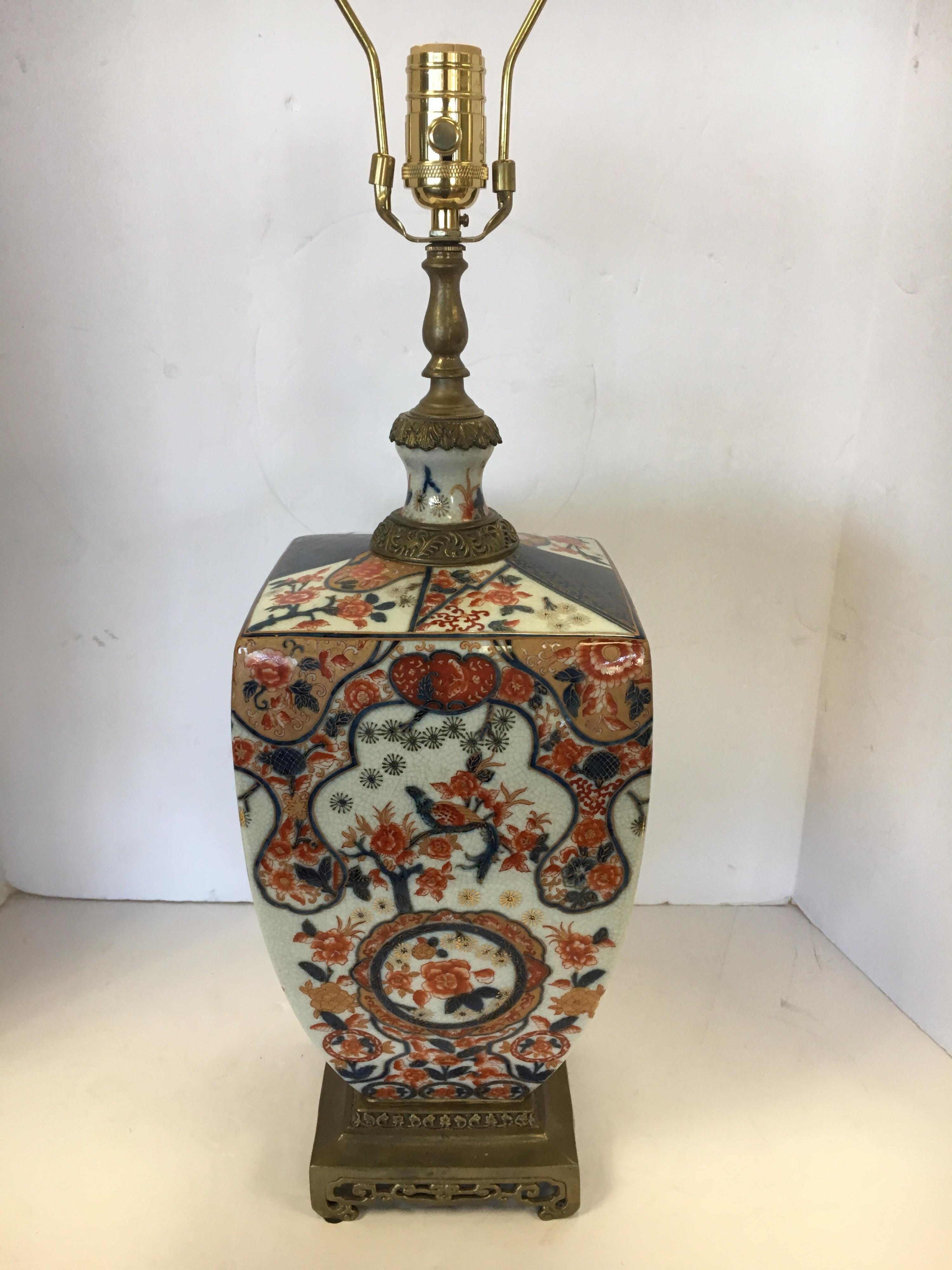 Gorgeous Asian inspired table lamp with vibrant colors throughout. Wired for USA and in perfect working order.