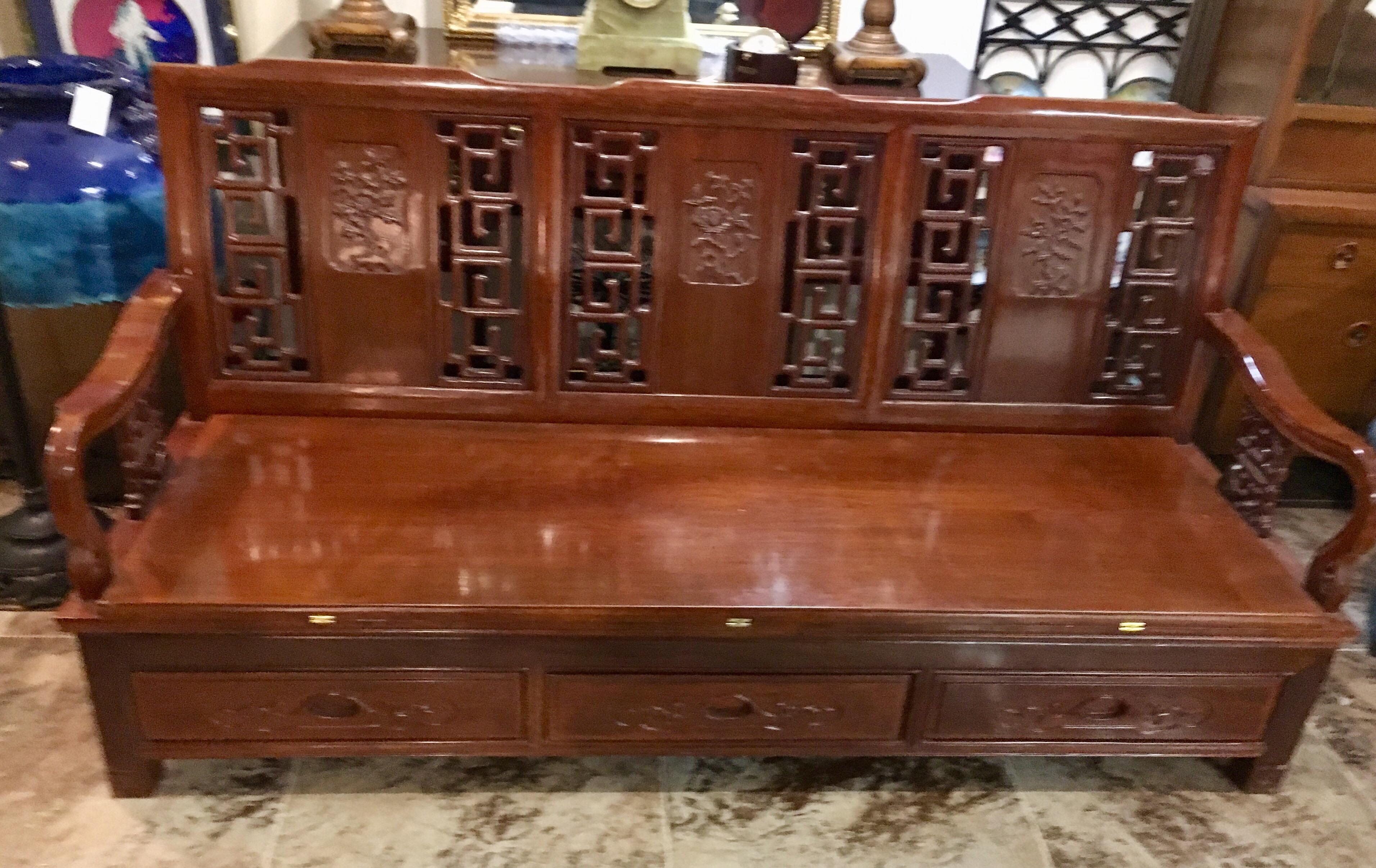 Mid-20th Century Asian Bench Carved Wood Expandable Daybed Platform Bed Settee