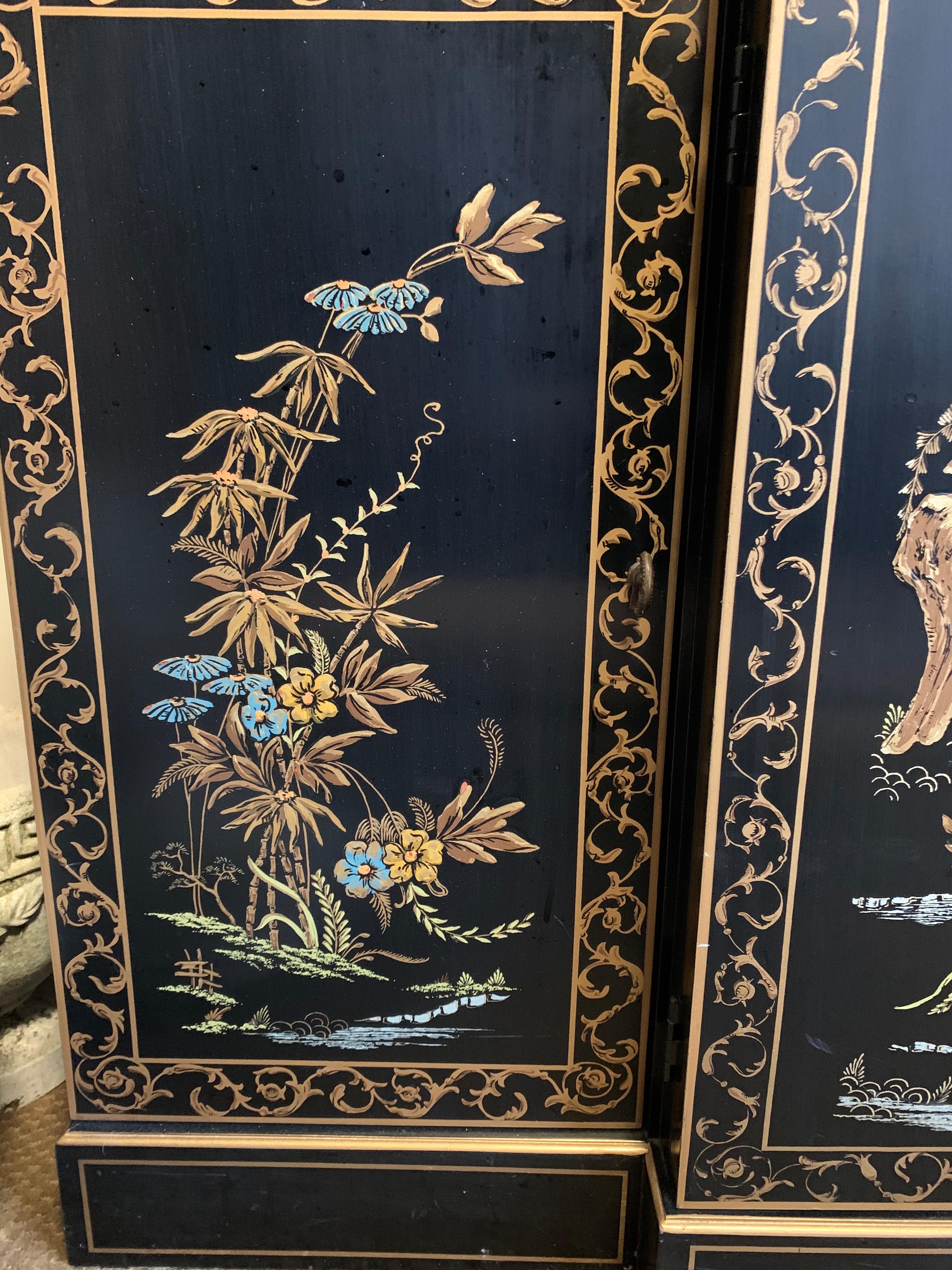 Chinoiserie Japanned Black Laquer Lighted China Cabinet Breakfront 4