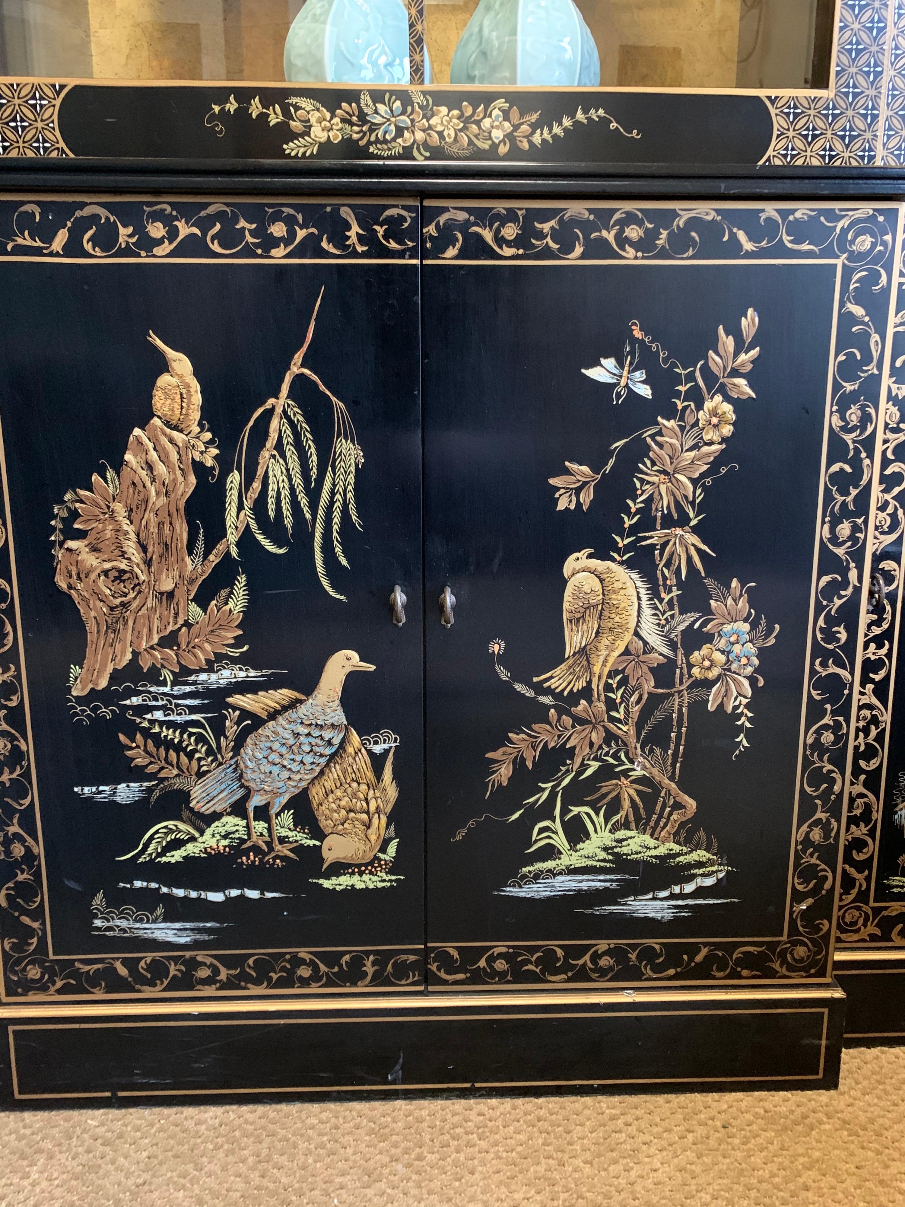 Chinoiserie Japanned Black Laquer Lighted China Cabinet Breakfront 3