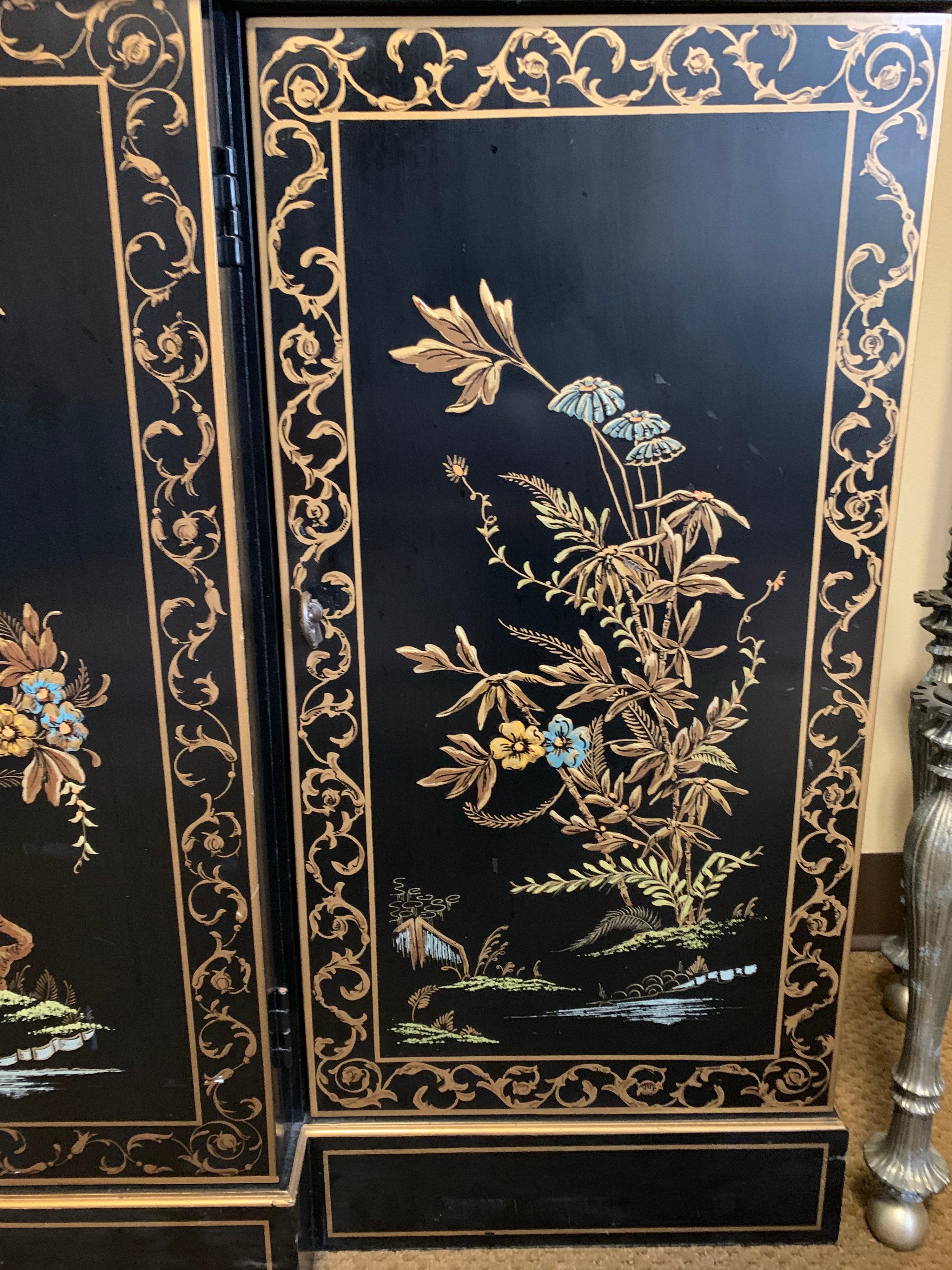 Chinoiserie Japanned Black Laquer Lighted China Cabinet Breakfront 5