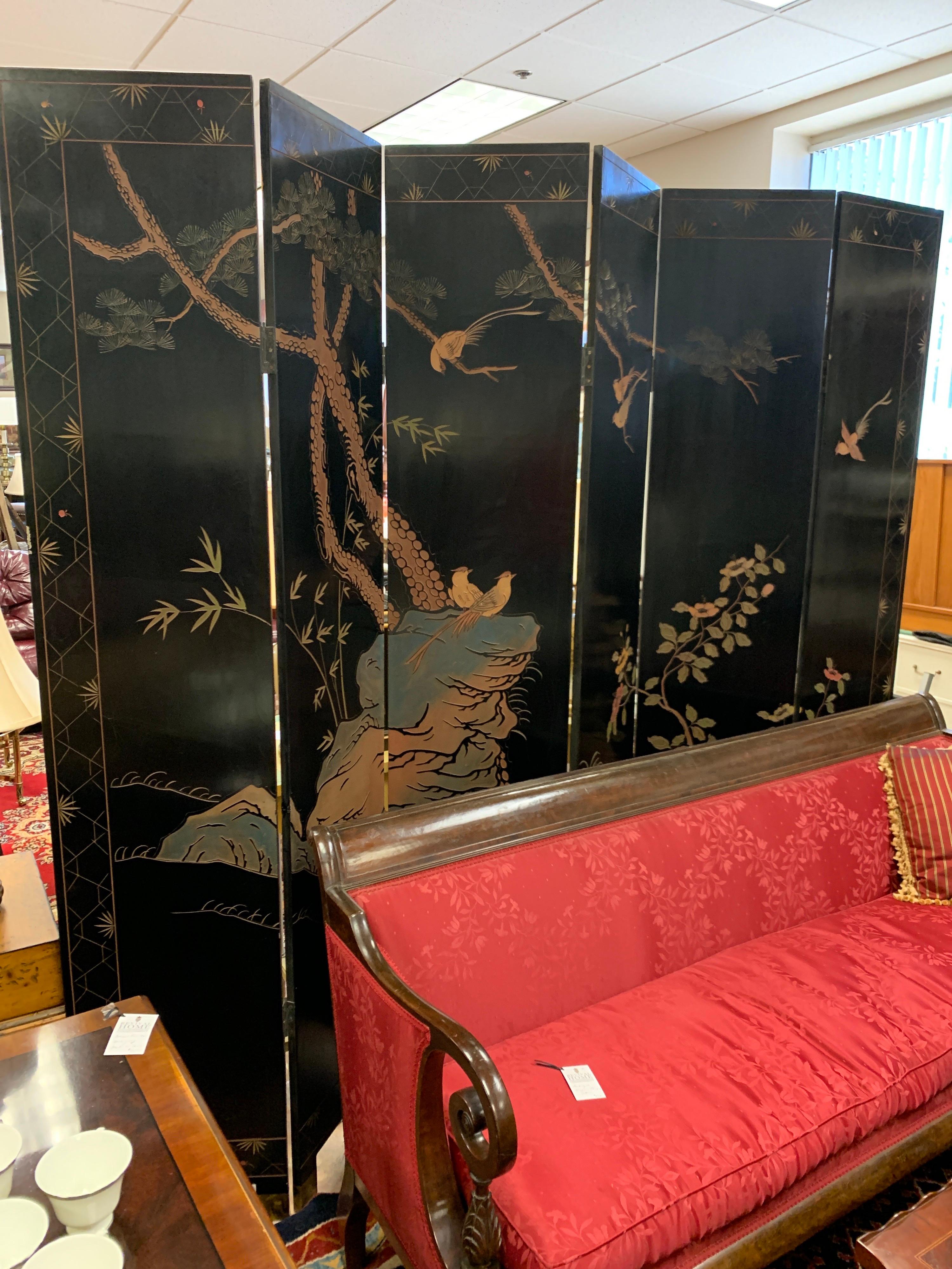 Wood Asian Mid-Century Modern Gold Leaf Room Divider Screen