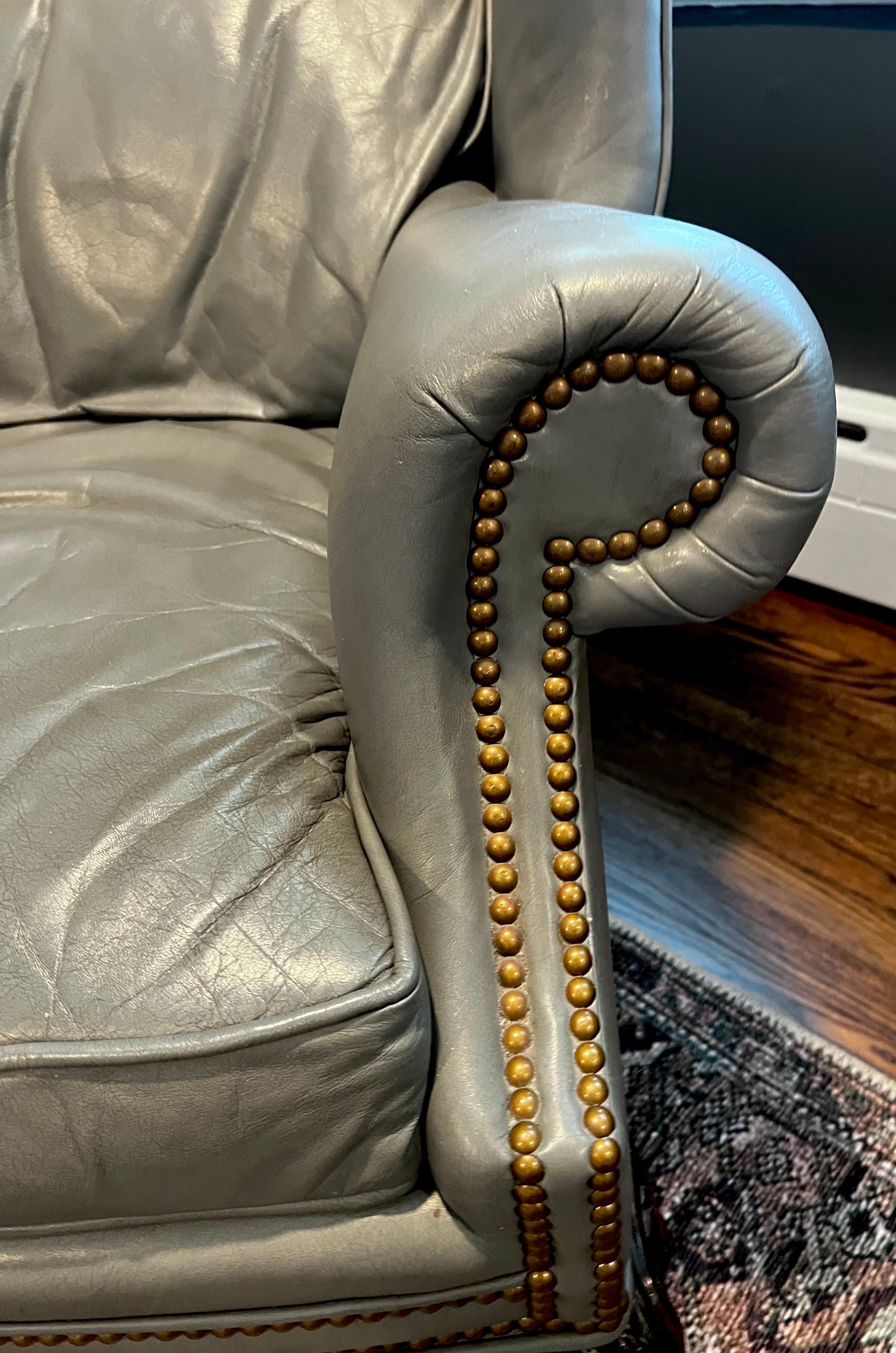 American Presidential Grey Gray Leather Wingback Chair with Brass Nailheads Ball & Claw