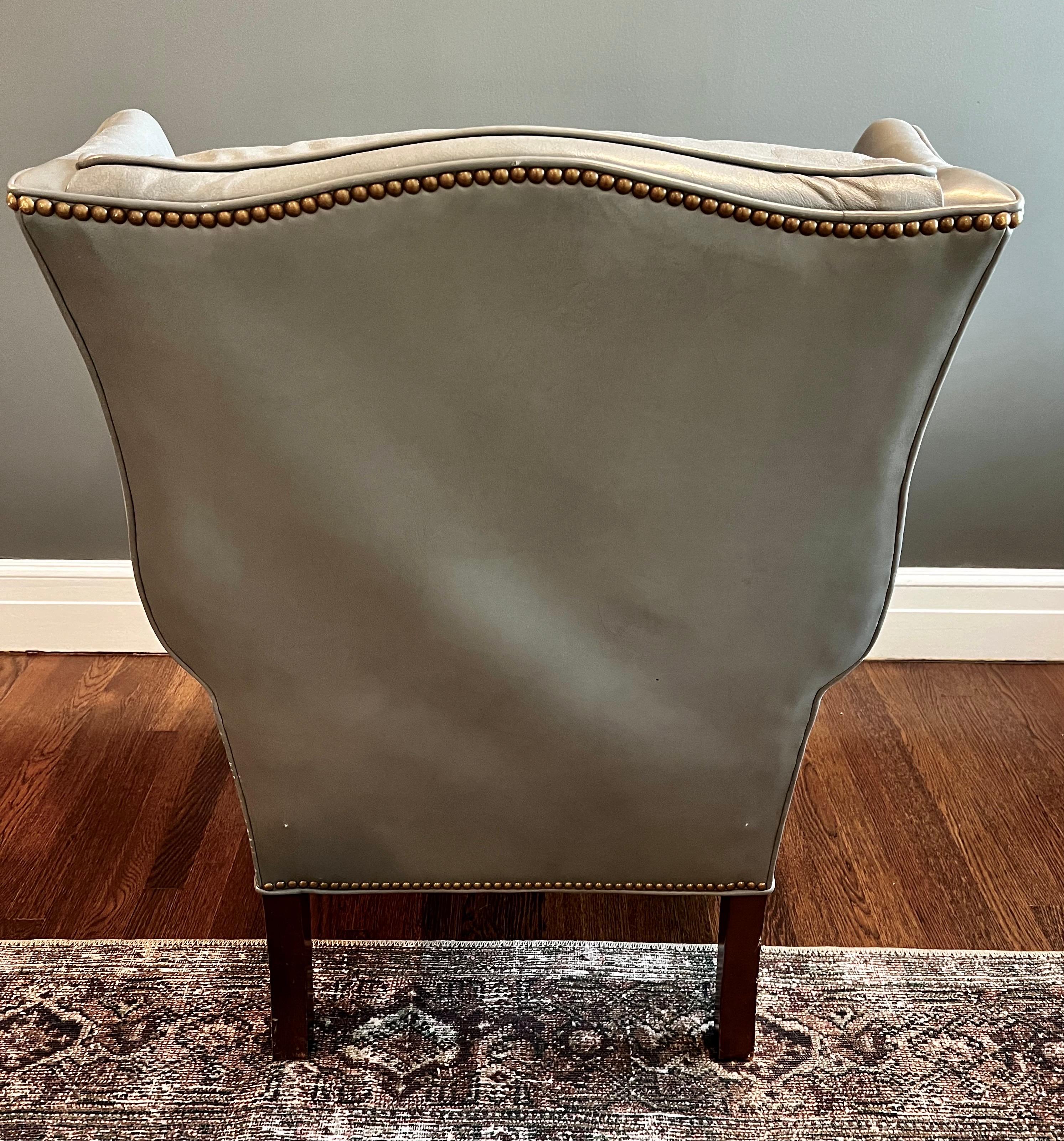 Presidential Grey Gray Leather Wingback Chair with Brass Nailheads Ball & Claw In Good Condition In West Hartford, CT