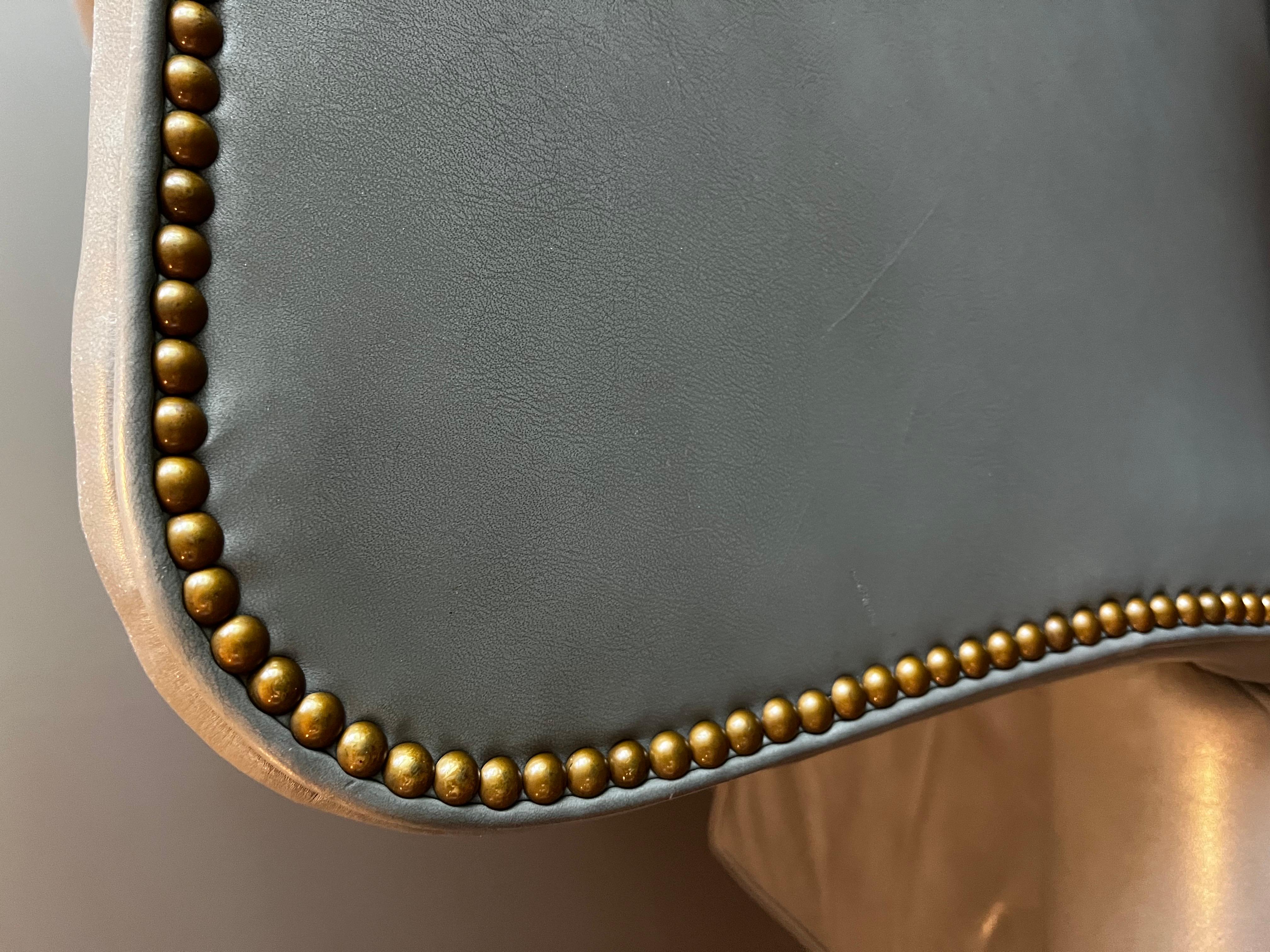 20th Century Presidential Grey Gray Leather Wingback Chair with Brass Nailheads Ball & Claw