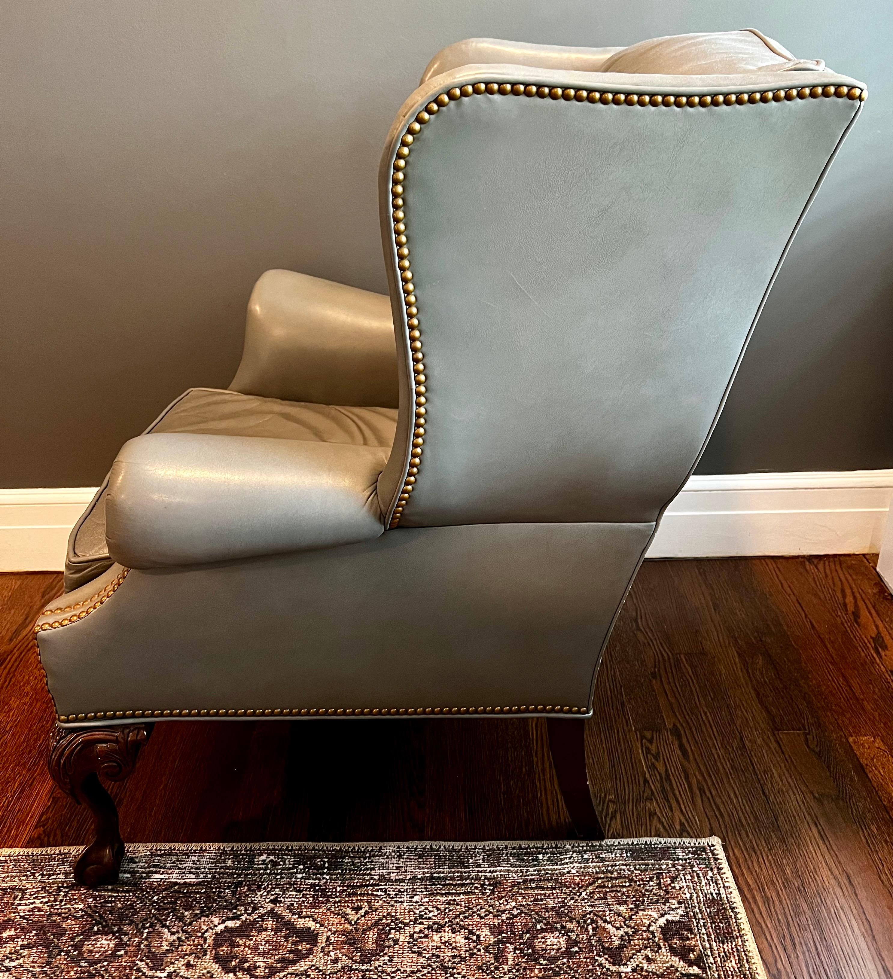 Presidential Grey Gray Leather Wingback Chair with Brass Nailheads Ball & Claw 1