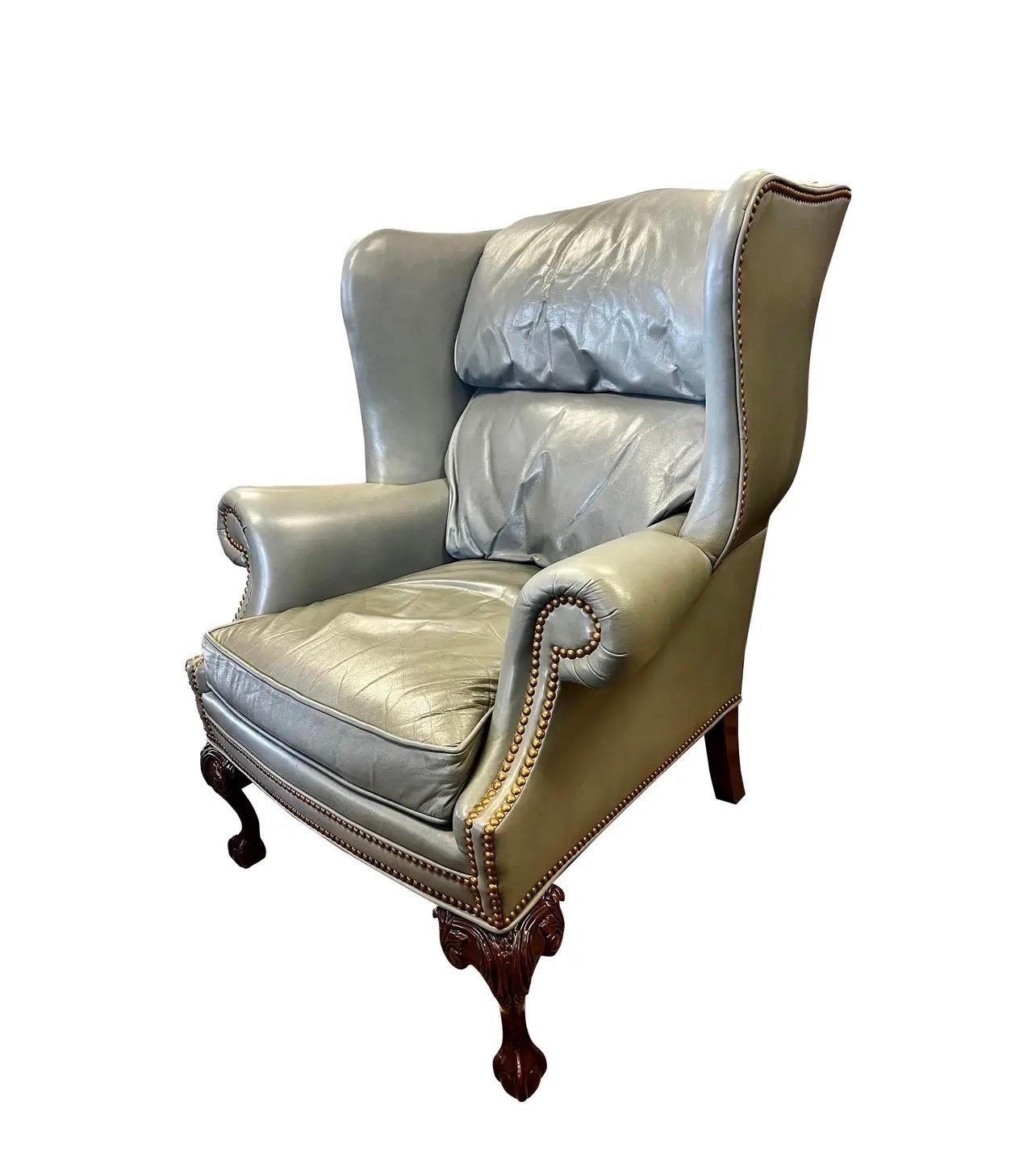 Presidential Grey Gray Leather Wingback Chair with Brass Nailheads Ball & Claw 4