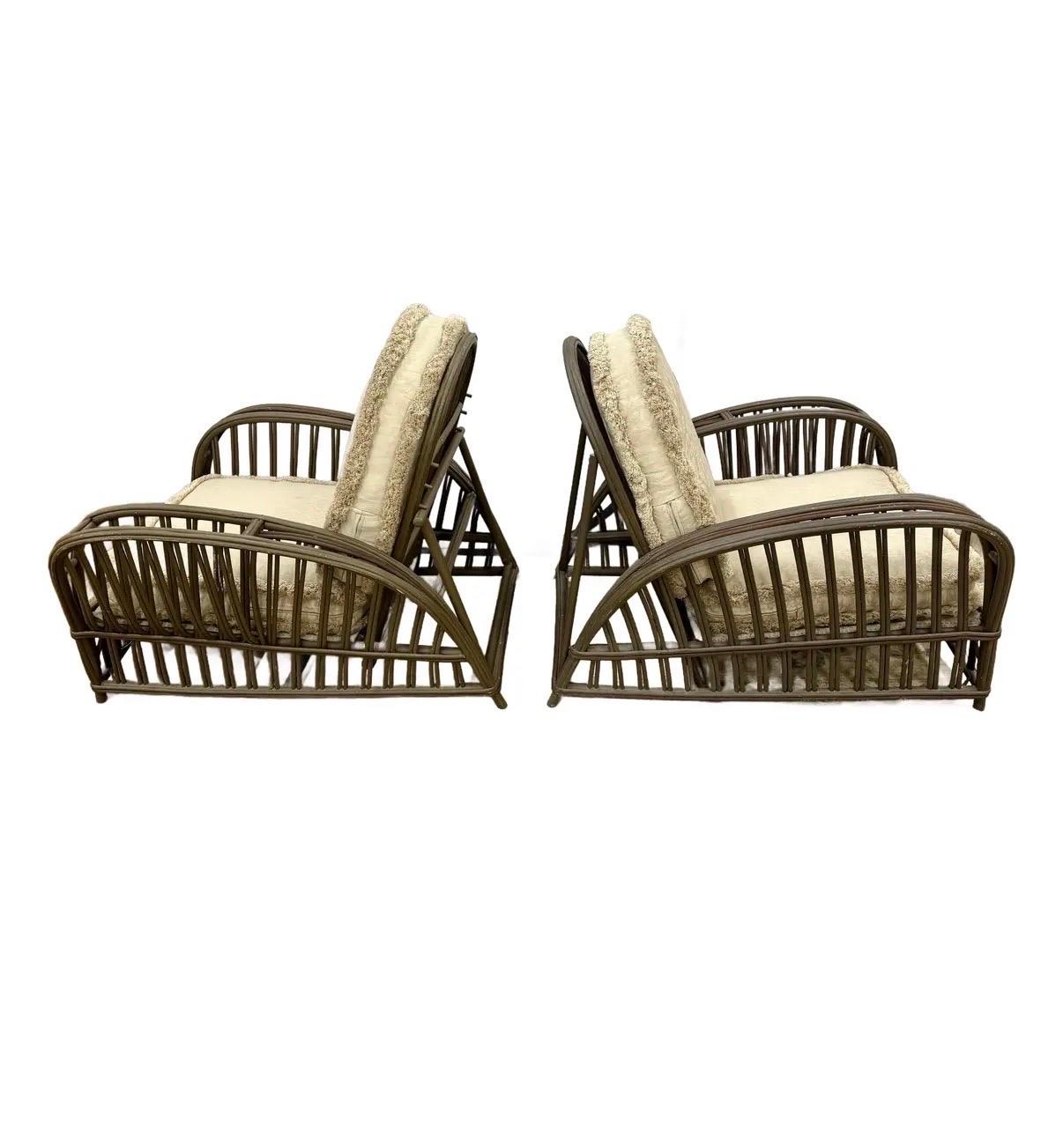 Paar Heywood Wakefield Wicker Rattan Recliner Lounge Stühle im Angebot 2