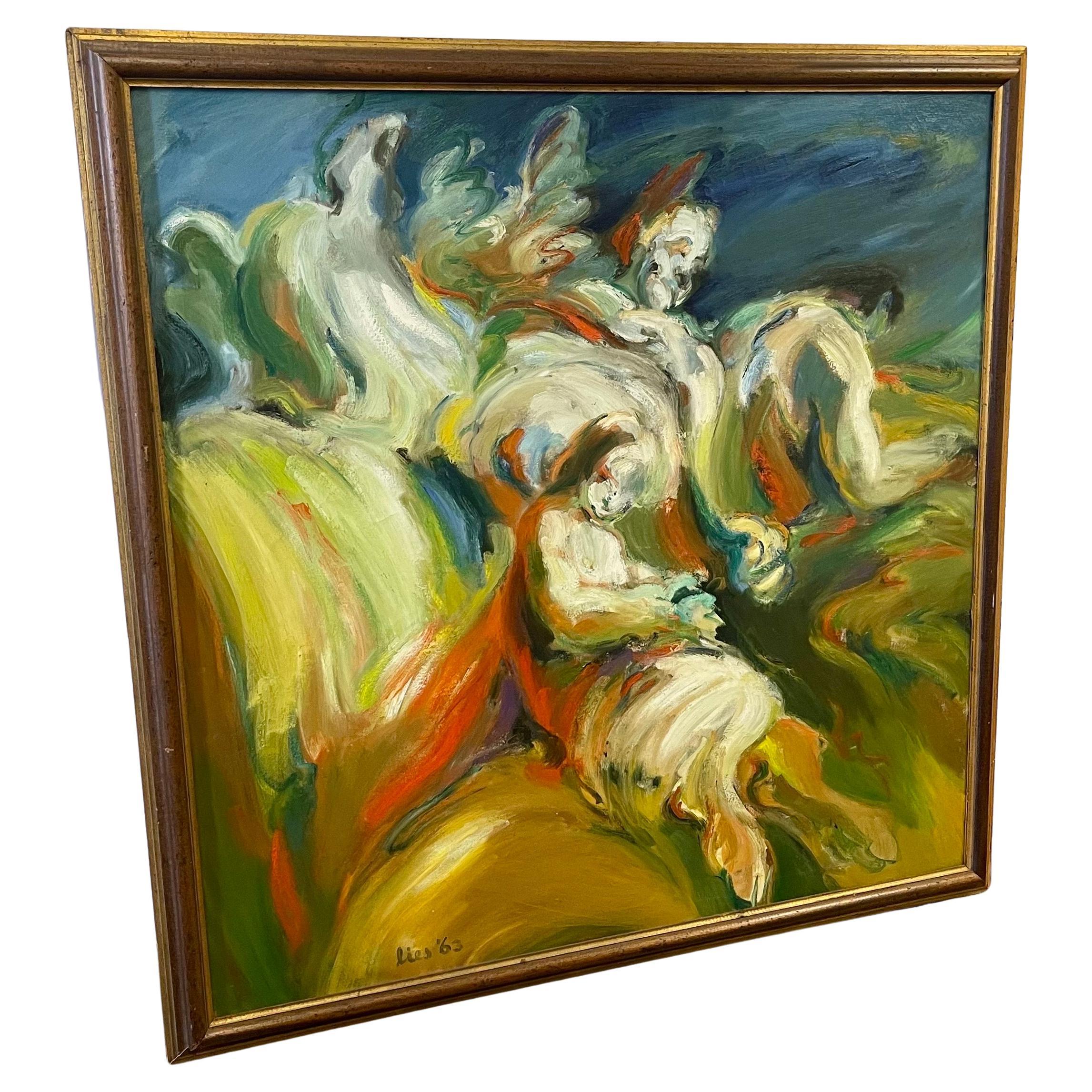 Pintura original XL expresionista abstracta firmada por Mid Century Modern 1963