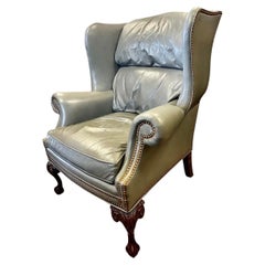 Presidential Grey Gray Leather Wingback Chair with Brass Nailheads Ball & Claw