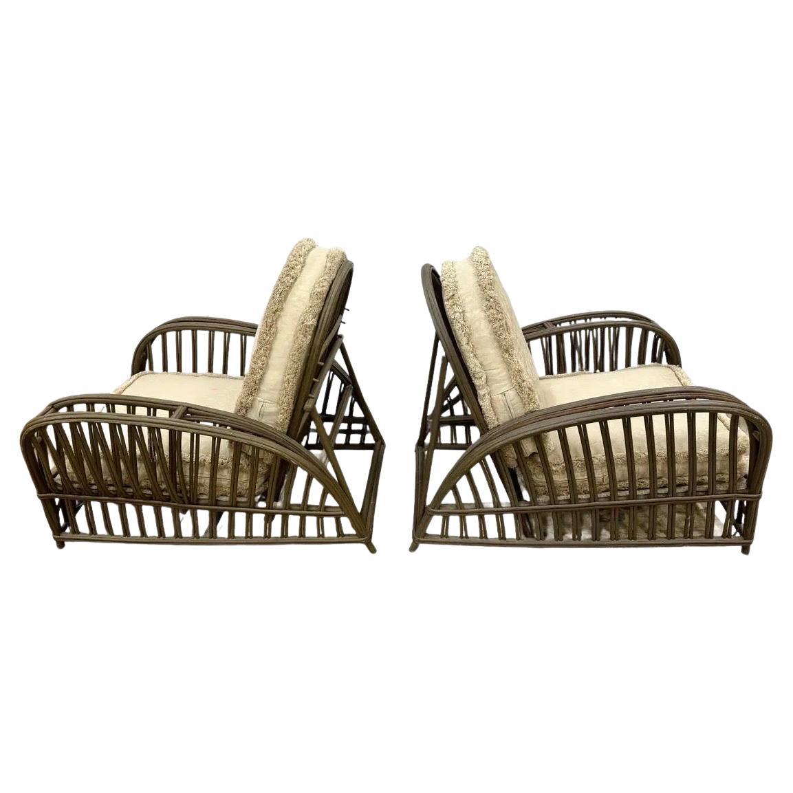 Pair of Heywood Wakefield Stick Wicker Rattan Recliner Lounge Chairs